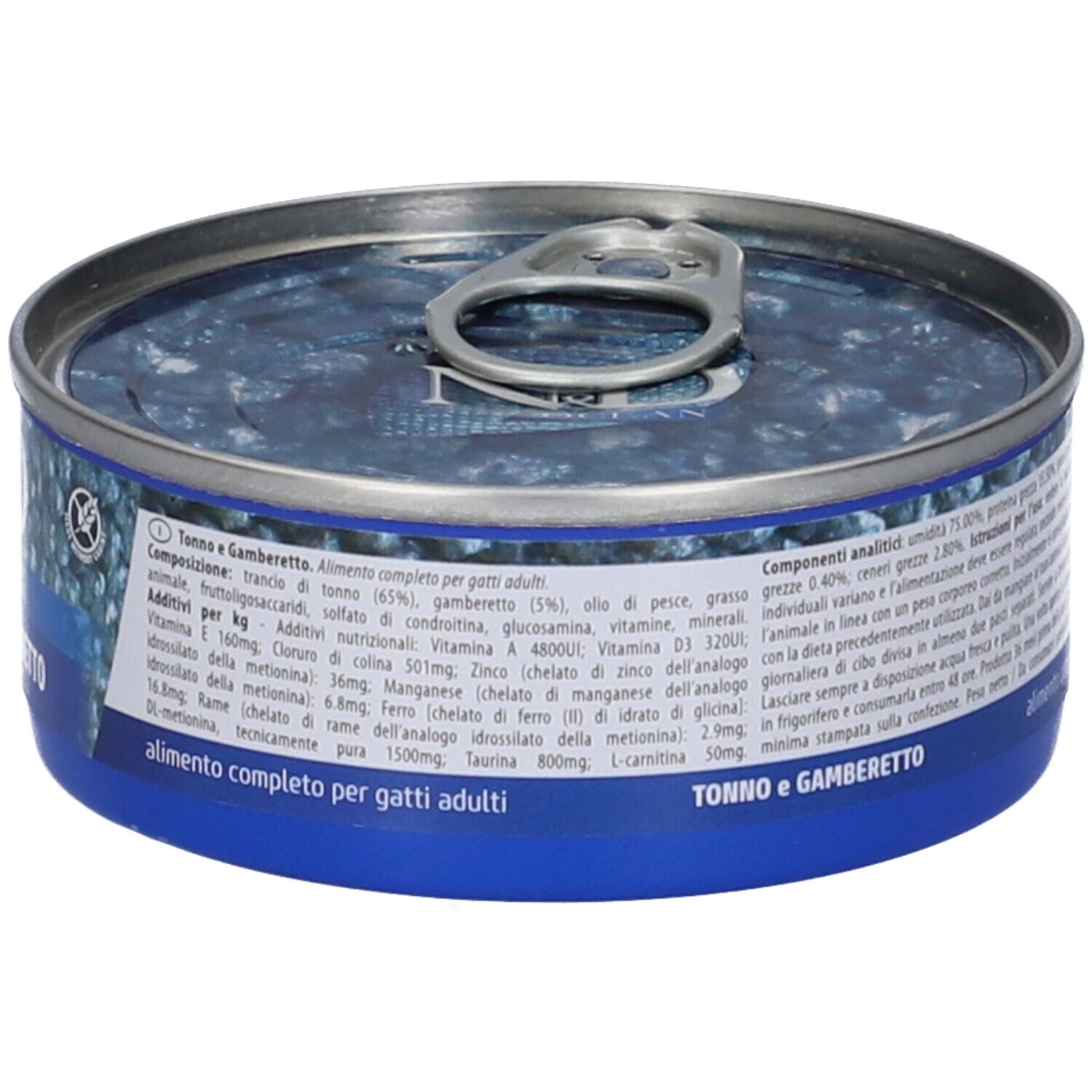Runde Dose Nassfutter. Blaue Banderole mit Text und Logo. "N&D OCEAN Tonno e Gamberetto" steht auf der Dose. Farmina Logo.