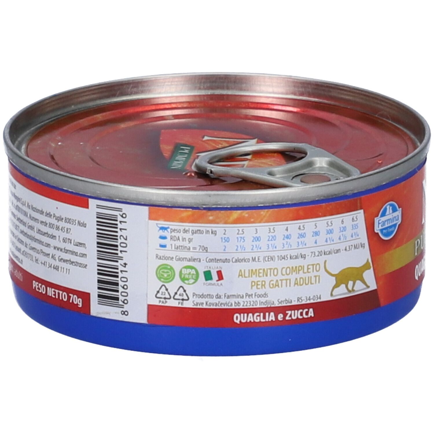 Runde Dose, Rückseite mit Text und Nährwertangaben. Aufschrift: Quaglia e Zucca, alimento completo per gatti adulti. Gewicht: 70g.