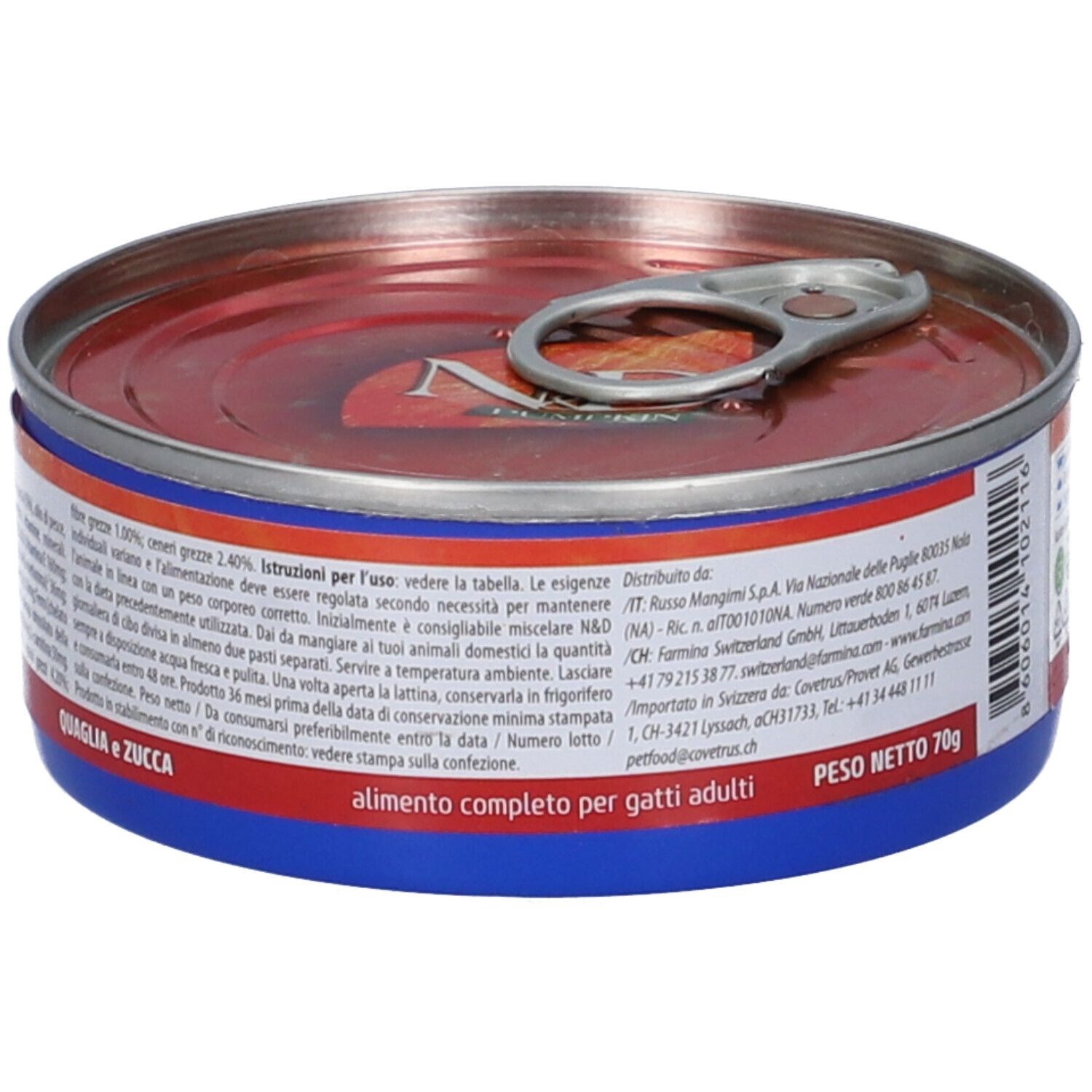 Runde Dose, Oberseite mit Aufreißlasche. Aufschrift: Quaglia e Zucca, alimento completo per gatti adulti. Gewicht: 70g.