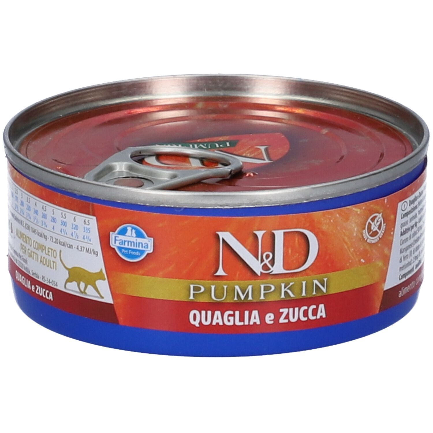 Runde Dose mit rotem Inhalt, blauem Rand und silbernem Deckel. Aufschrift: N&D Pumpkin, Quaglia e Zucca. Farmina Logo.