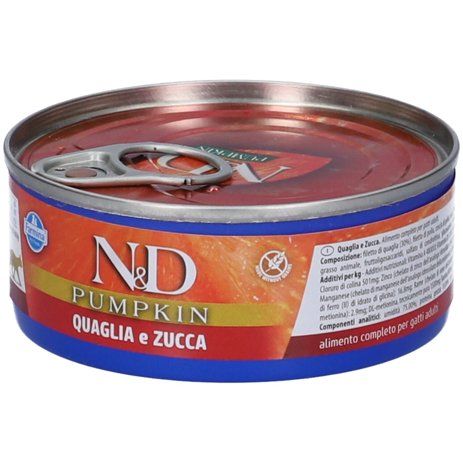 Runde Dose mit rotem Inhalt, blauem Rand und silbernem Deckel. Aufschrift: N&D Pumpkin, Quaglia e Zucca. Farmina Logo.
