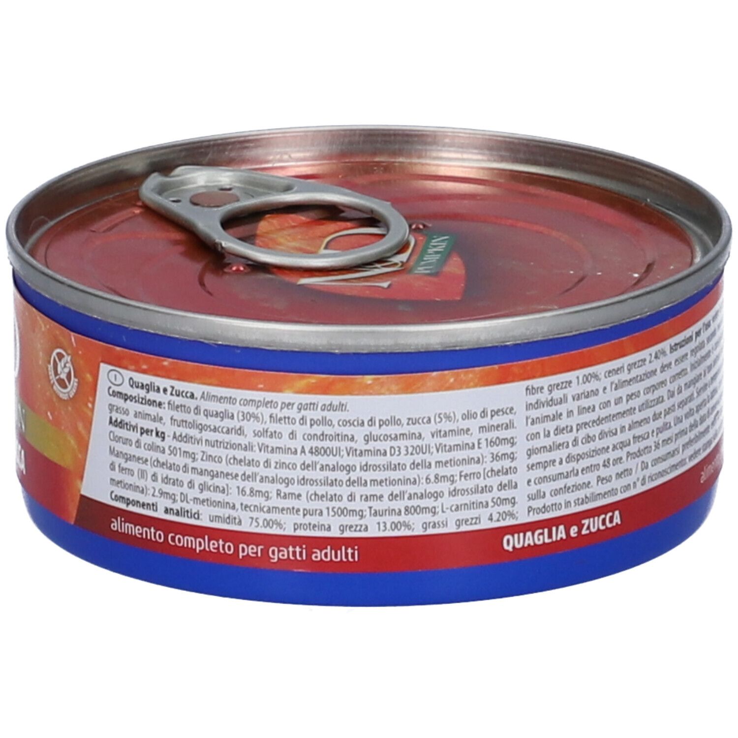 Runde Dose, Rückseite mit Text und Nährwertangaben. Aufschrift: Quaglia e Zucca, alimento completo per gatti adulti. Gewicht: 70g.