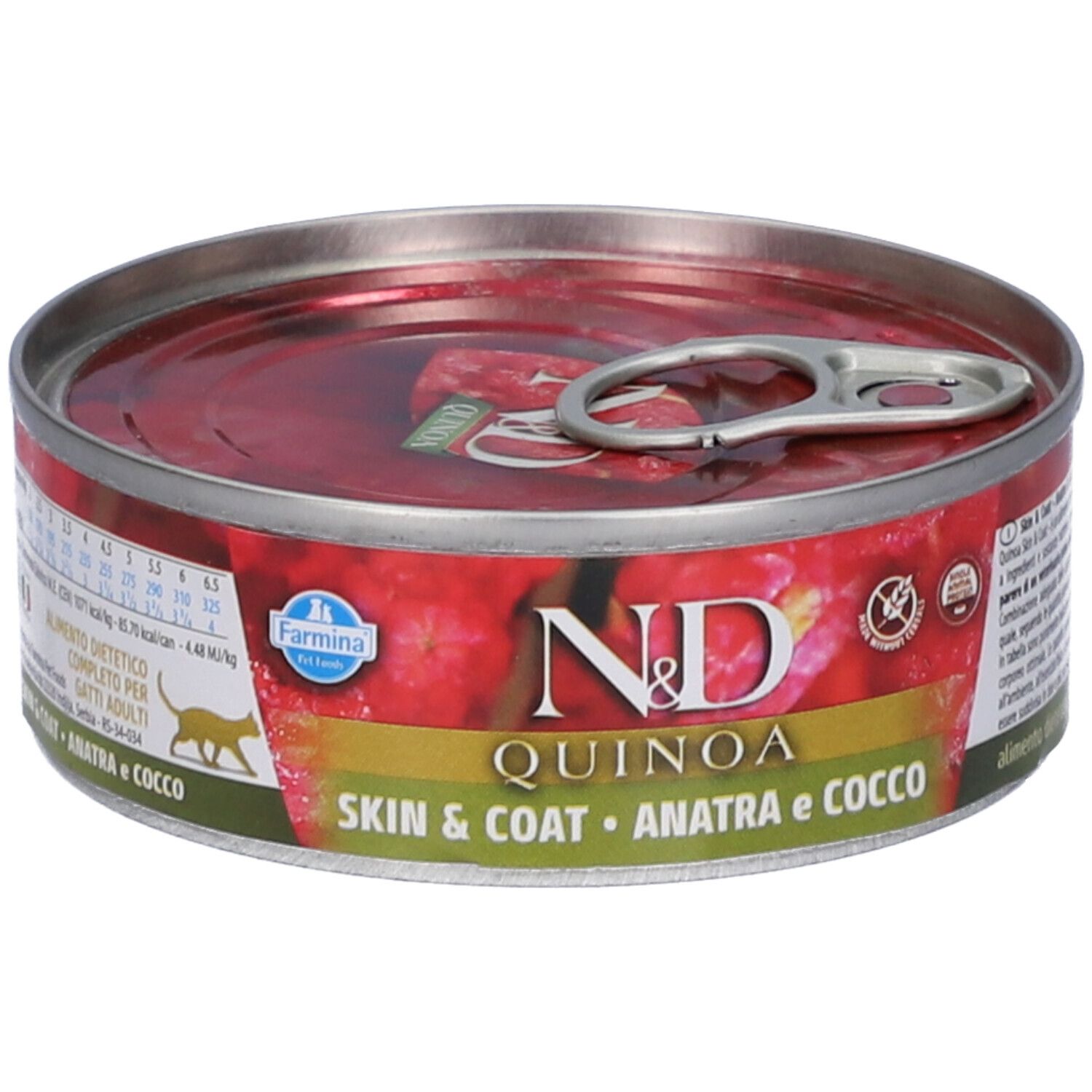 Runde Dose Nassfutter. Aufschrift: N&D Quinoa Skin & Coat, Ente & Kokosnuss. Farmina Logo. Katze-Silhouette.