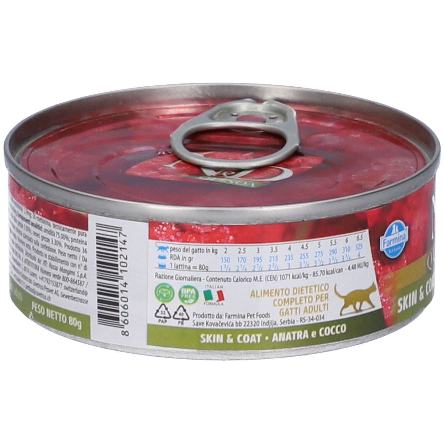 Runde Dose Nassfutter. Aufschrift: N&D Quinoa Skin & Coat, Anatra e Cocco. Farmina Logo. Katze-Silhouette. Nährwertangaben.