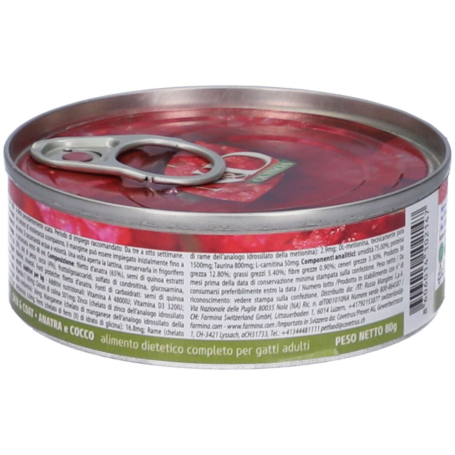 Runde Dose Nassfutter. Aufschrift: N&D Quinoa Skin & Coat, Anatra e Cocco. Farmina Logo. Katze-Silhouette. Zutatenliste.