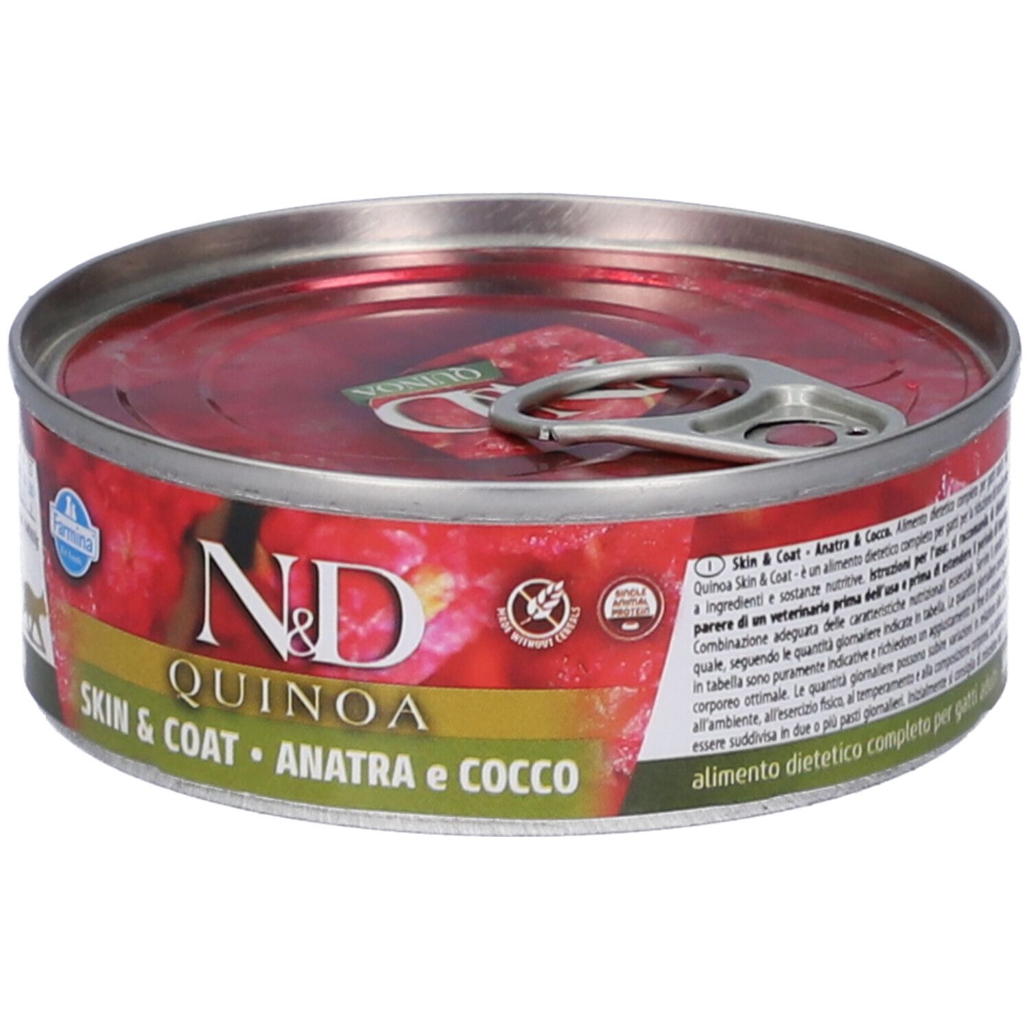 Runde Dose Nassfutter. Aufschrift: N&D Quinoa Skin & Coat, Anatra e Cocco. Farmina Logo. Katze-Silhouette. Text.