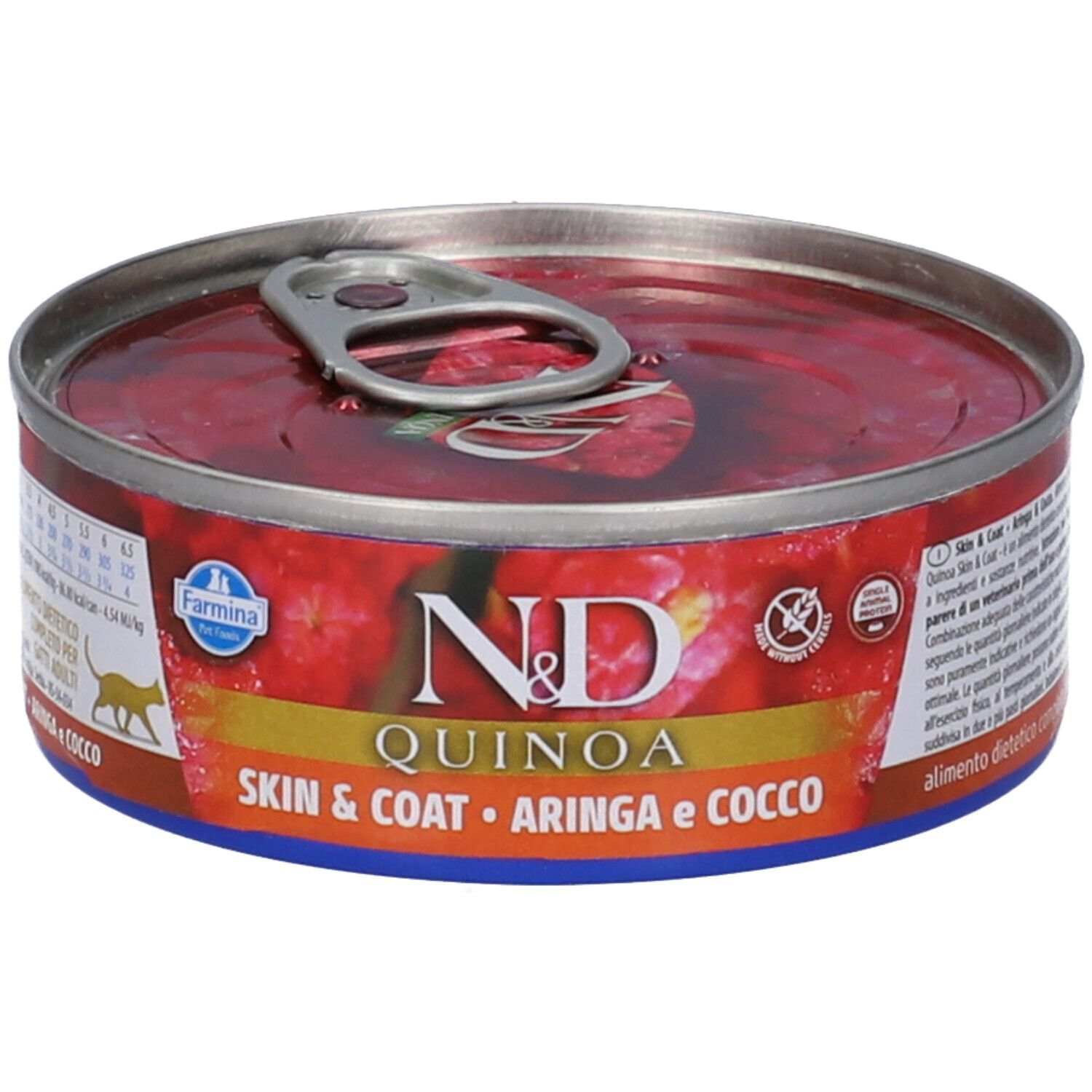 Runde Dose Nassfutter. Aufschrift: N&D Quinoa Skin & Coat. Hering & Kokosnuss. Farmina Logo. Roter Inhalt sichtbar.
