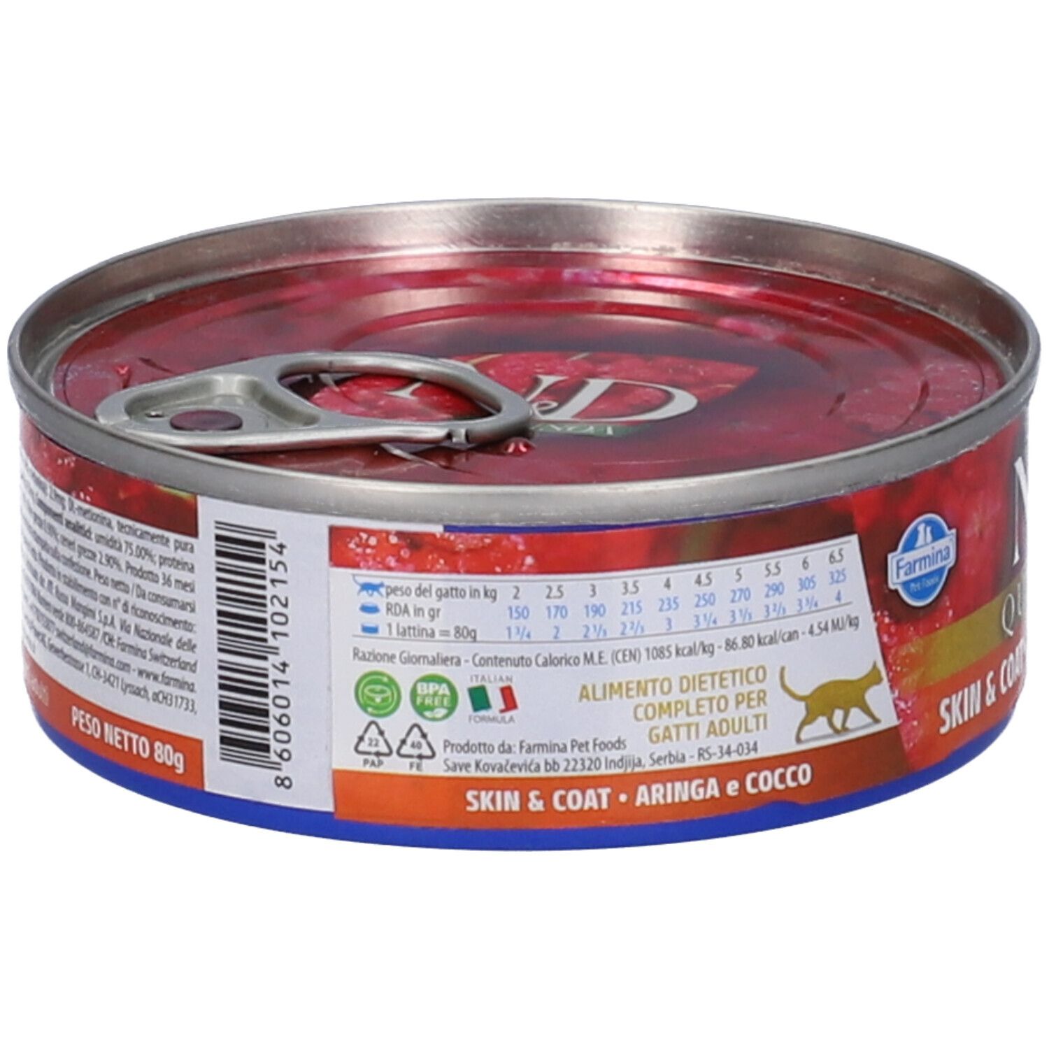 Runde Dose Nassfutter. Aufschrift: N&D Quinoa Skin & Coat. Aringa e Cocco. Farmina Logo. Etikett mit Nährwertangaben und Text.