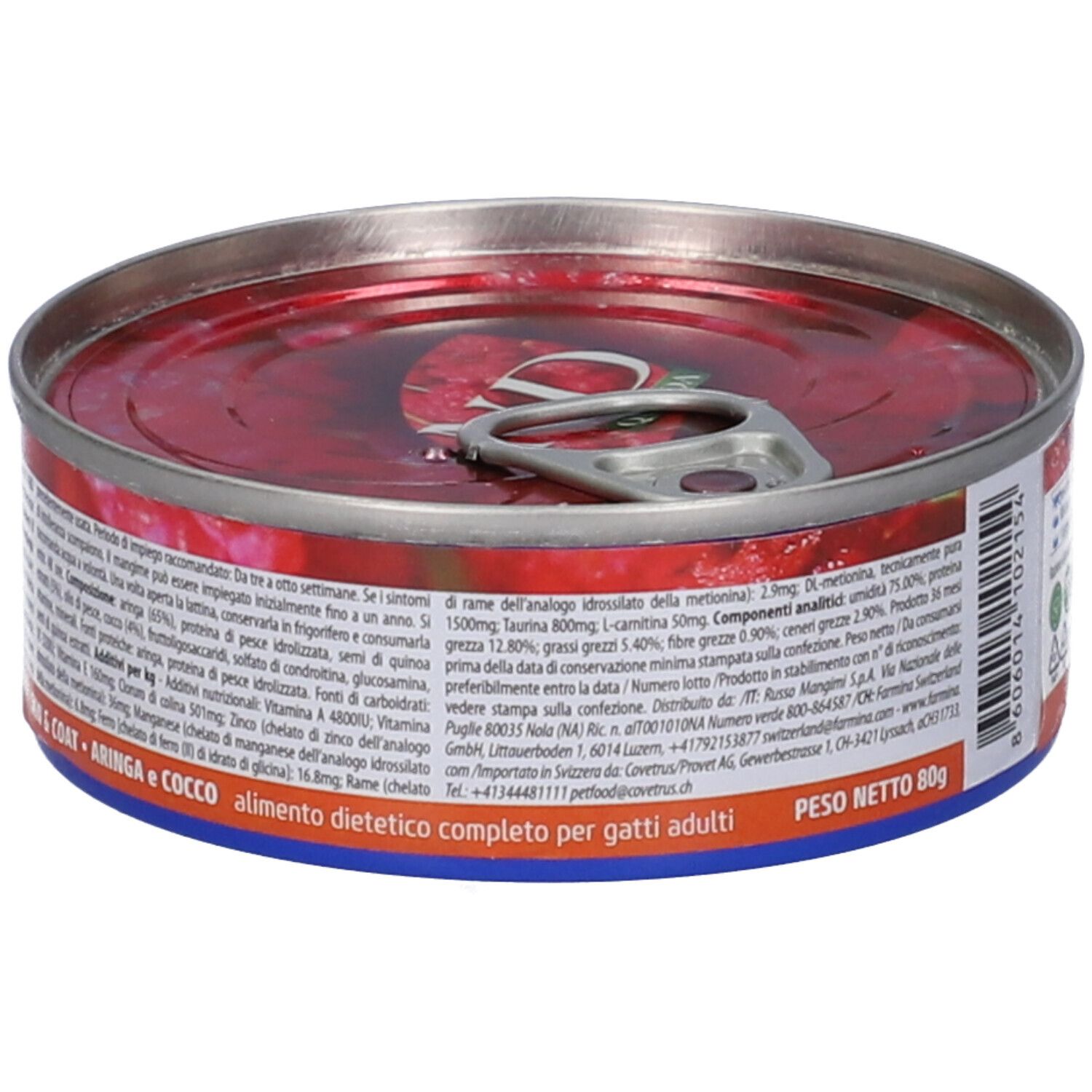 Runde Dose Nassfutter. Aufschrift: N&D Quinoa Skin & Coat. Aringa e Cocco. Etikett mit Inhaltsstoffen und Text. Inhalt rot.