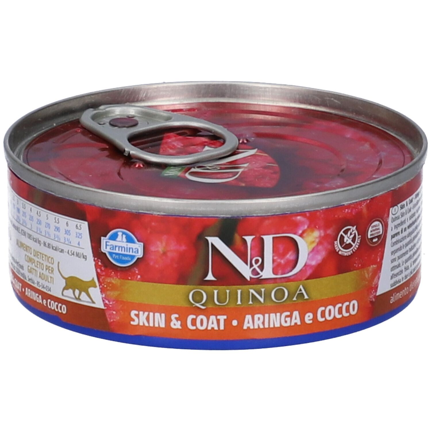 Runde Dose Nassfutter. Aufschrift: N&D Quinoa Skin & Coat. Hering & Kokosnuss. Farmina Logo. Roter Inhalt sichtbar.