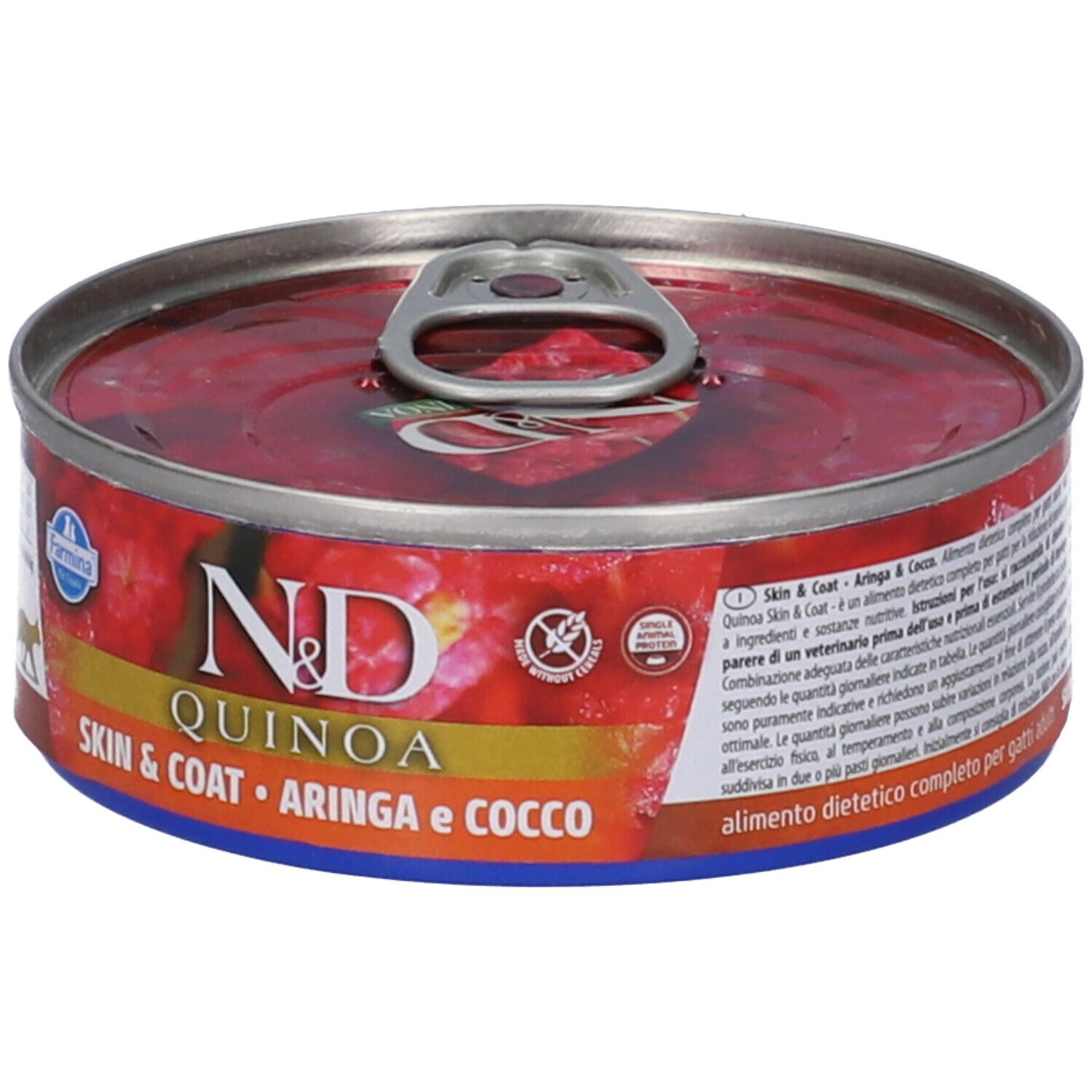 Runde Dose Nassfutter. Aufschrift: N&D Quinoa Skin & Coat. Aringa e Cocco. Farmina Logo. Roter Inhalt sichtbar. Siegel.