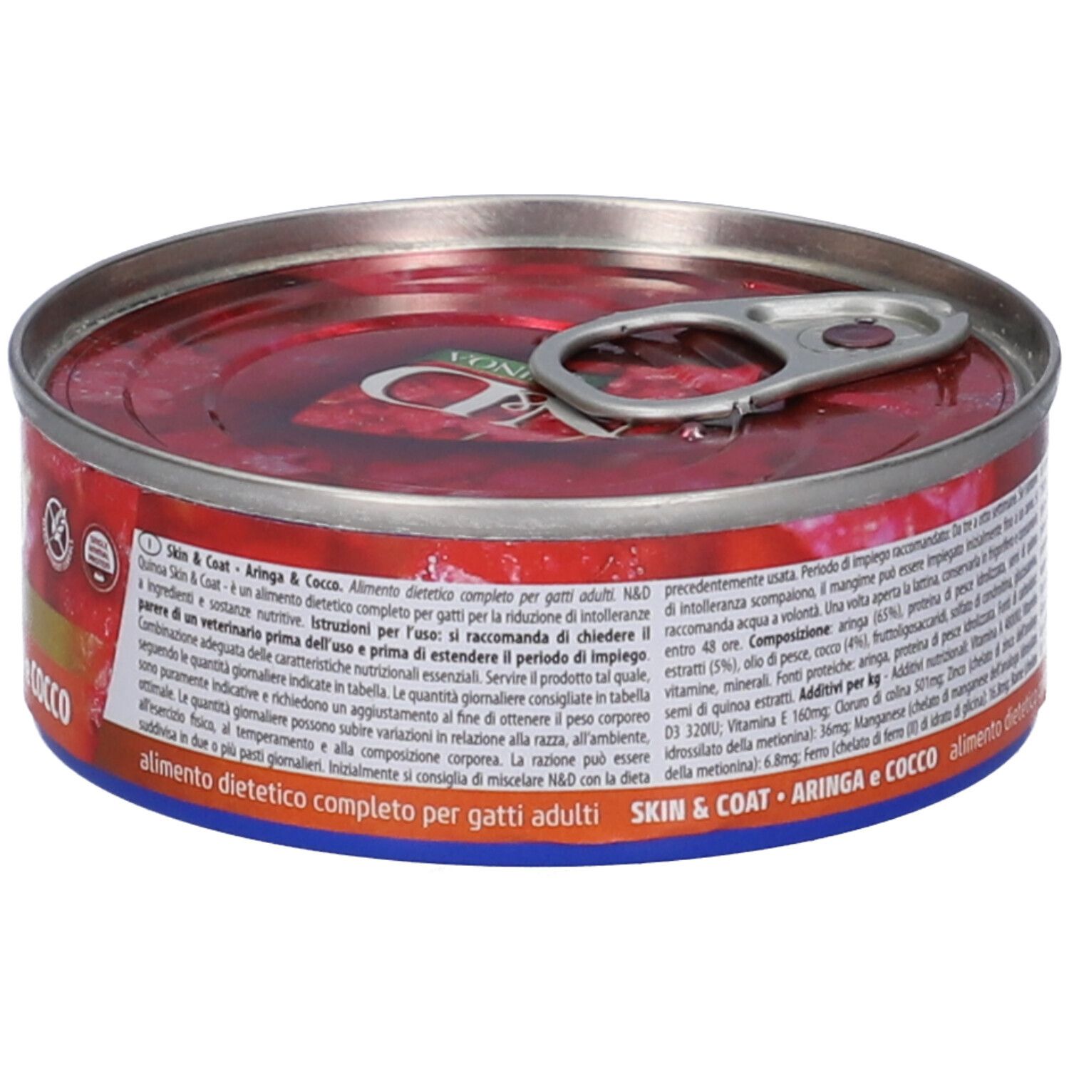 Runde Dose Nassfutter. Aufschrift: N&D Quinoa Skin & Coat. Aringa e Cocco. Etikett mit Text. Inhalt rot.