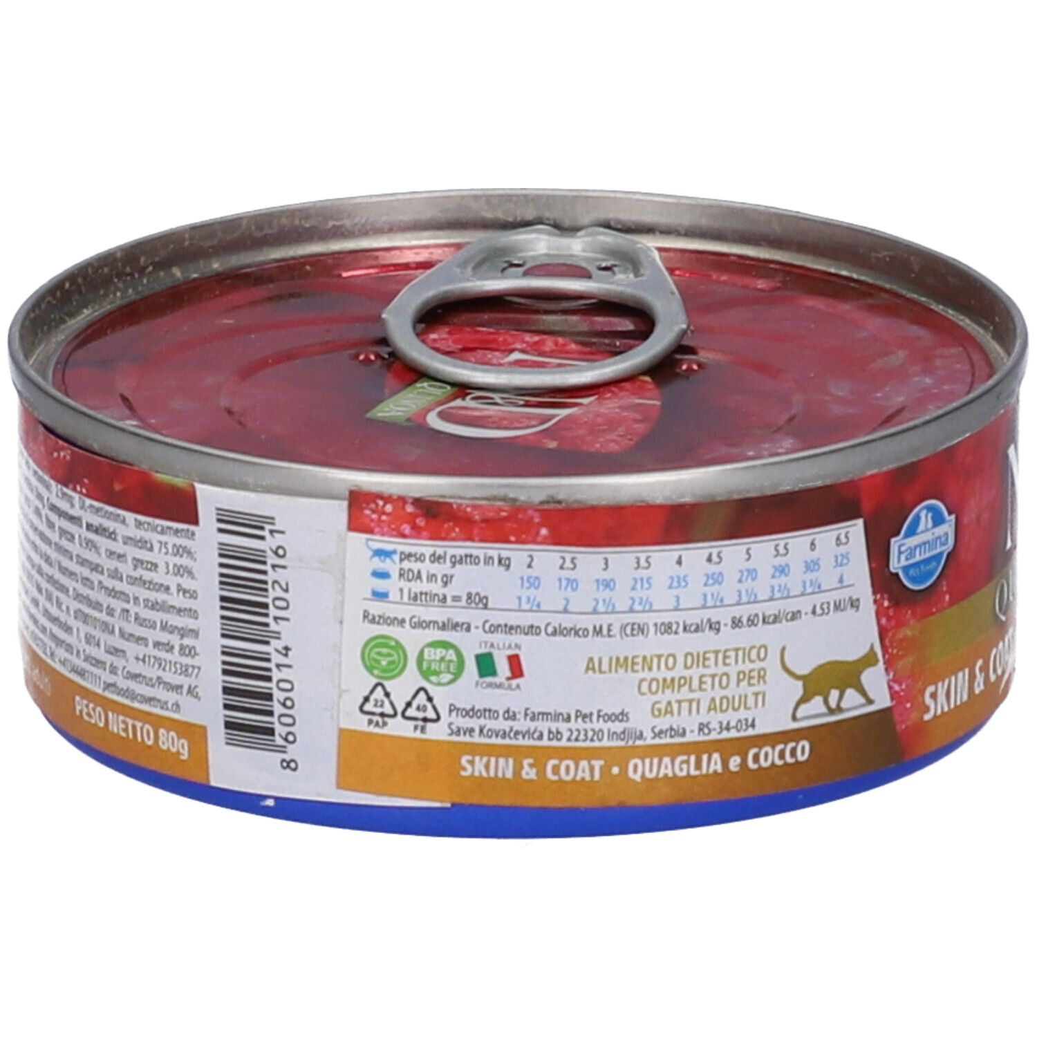 Runde Dose Nassfutter. Rückseite mit Text und Nährwertangaben. Farmina Logo. Aufschrift: Skin & Coat Quaglia e Cocco.