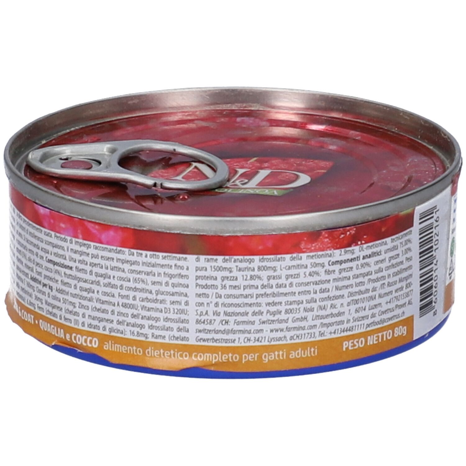 Runde Dose Nassfutter. Seitenansicht mit Text und Nährwertangaben. Aufschrift: Skin & Coat Quaglia e Cocco. Nettogewicht 80g.