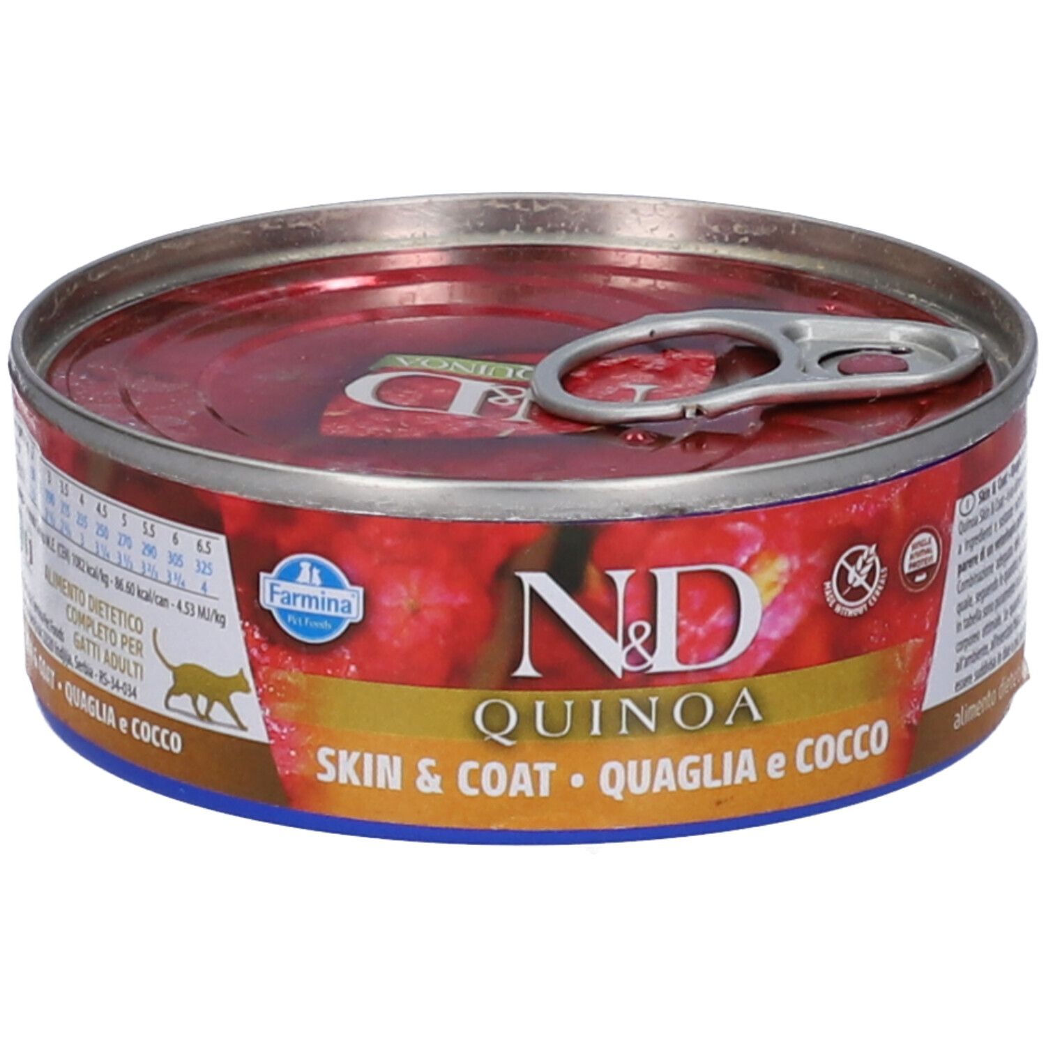 Runde Dose Nassfutter. Aufschrift: N&D Quinoa Skin & Coat. Quaglia e Cocco. Farmina Logo. Deckel mit Aufreißlasche.
