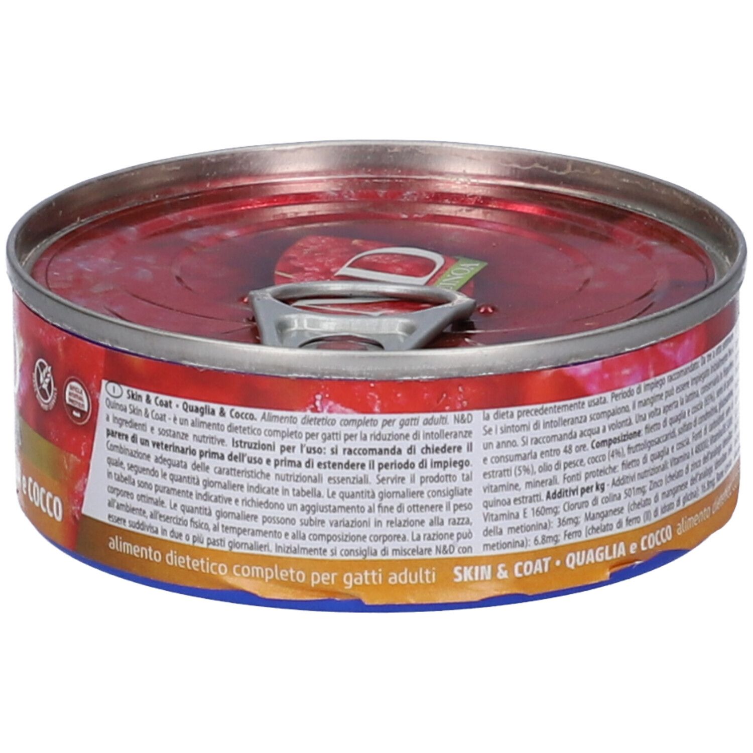 Runde Dose Nassfutter. Aufschrift: N&D Quinoa Skin & Coat. Quaglia e Cocco. Farmina Logo. Deckel mit Aufreißlasche.