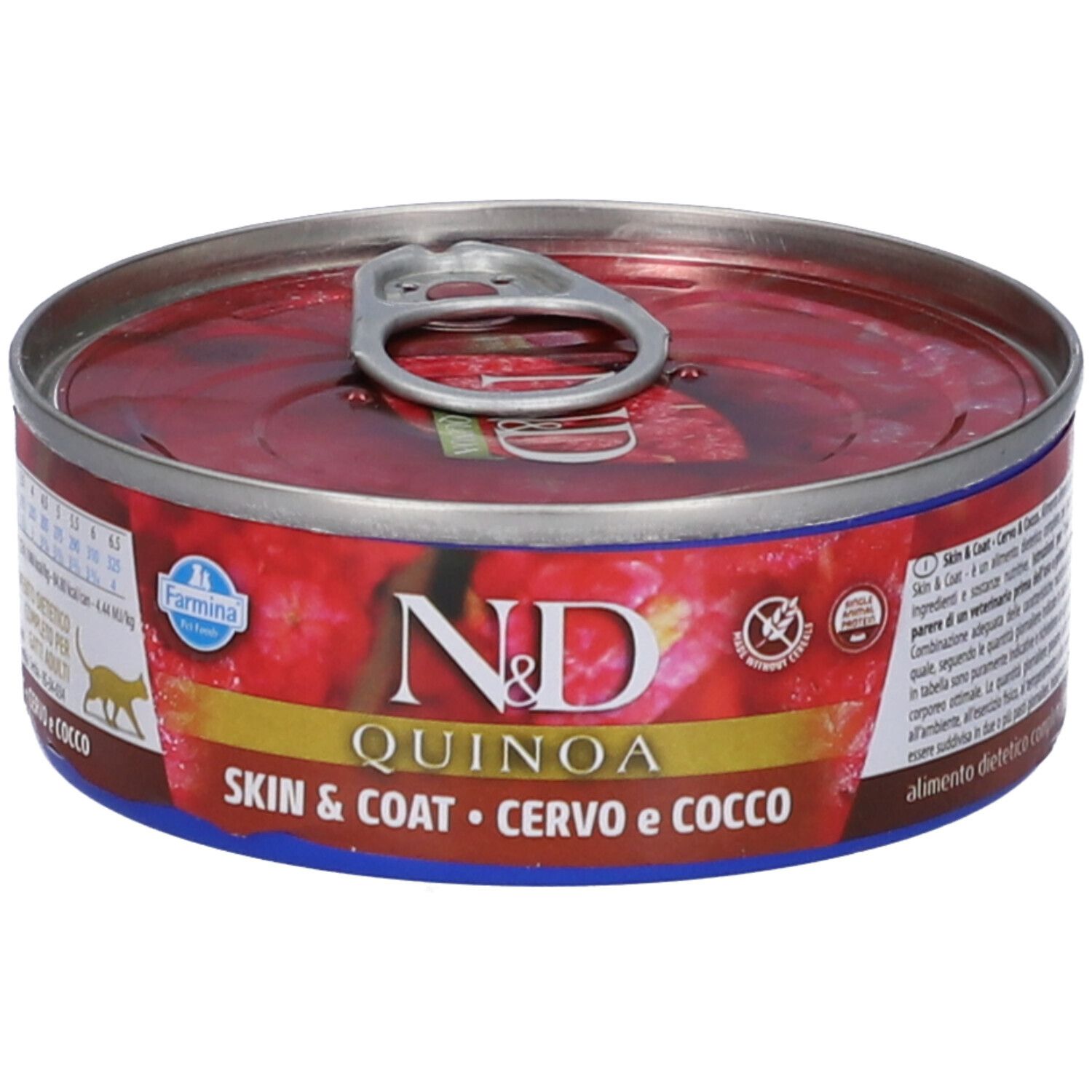 Runde Dose Nassfutter. Aufschrift: N&D Quinoa Skin & Coat, Cervo e Cocco. Farmina Logo. Deckel mit Aufreißlasche.