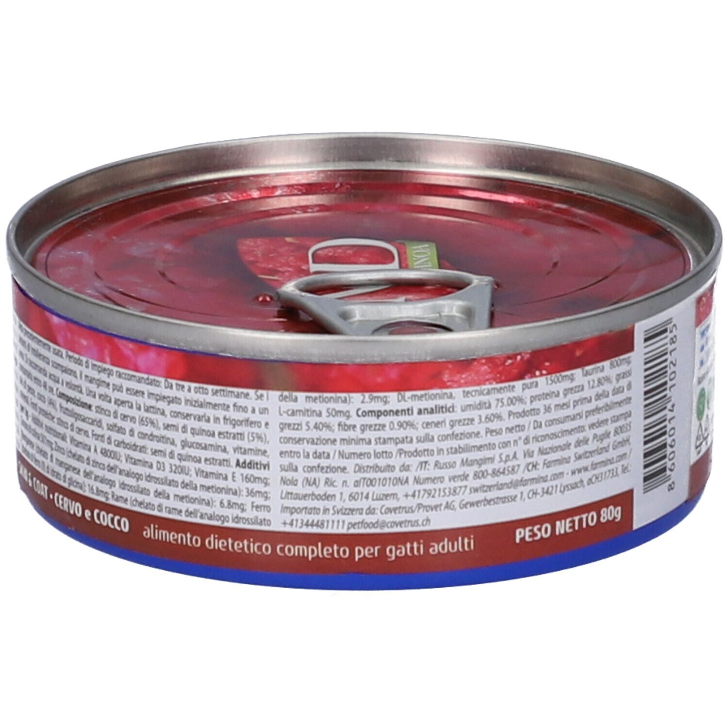 Runde Dose Nassfutter. Aufschrift: N&D Quinoa Skin & Coat, Cervo e Cocco. Enthält Inhaltsstoffe und Nährwertangaben. Gewicht: 80g.