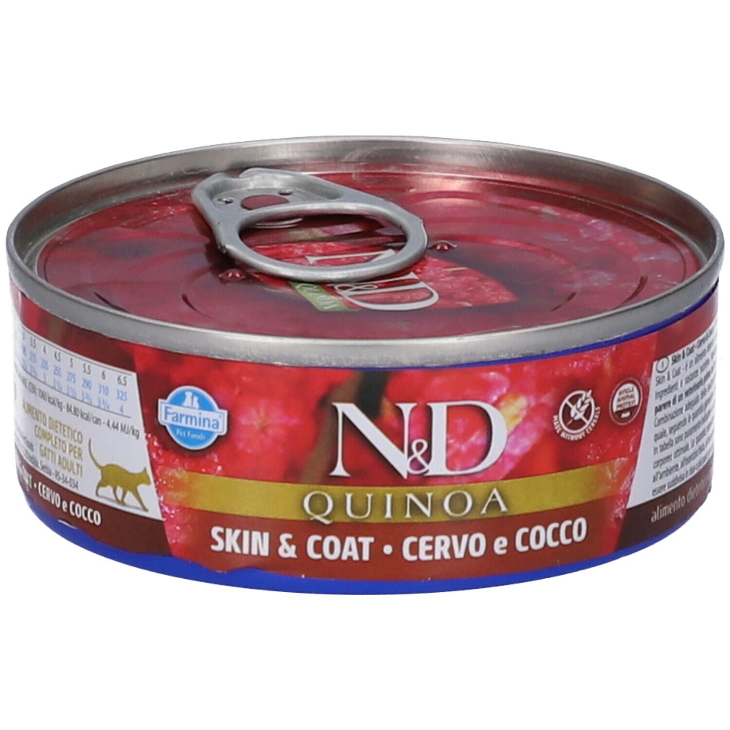 Runde Dose Nassfutter. Aufschrift: N&D Quinoa Skin & Coat, Cervo e Cocco. Farmina Logo. Deckel mit Aufreißlasche.