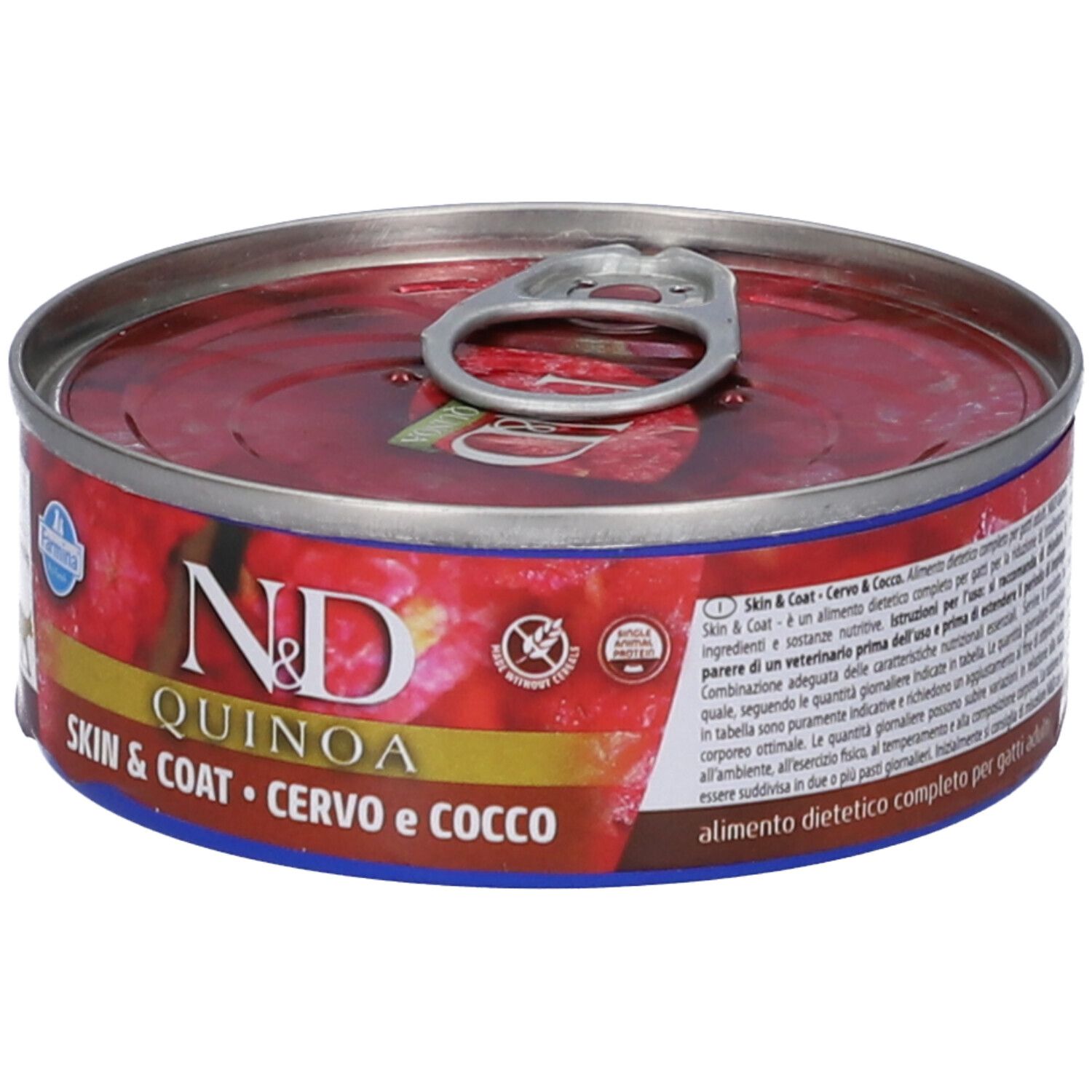 Runde Dose Nassfutter. Aufschrift: N&D Quinoa Skin & Coat, Cervo e Cocco. Farmina Logo. Deckel mit Aufreißlasche.