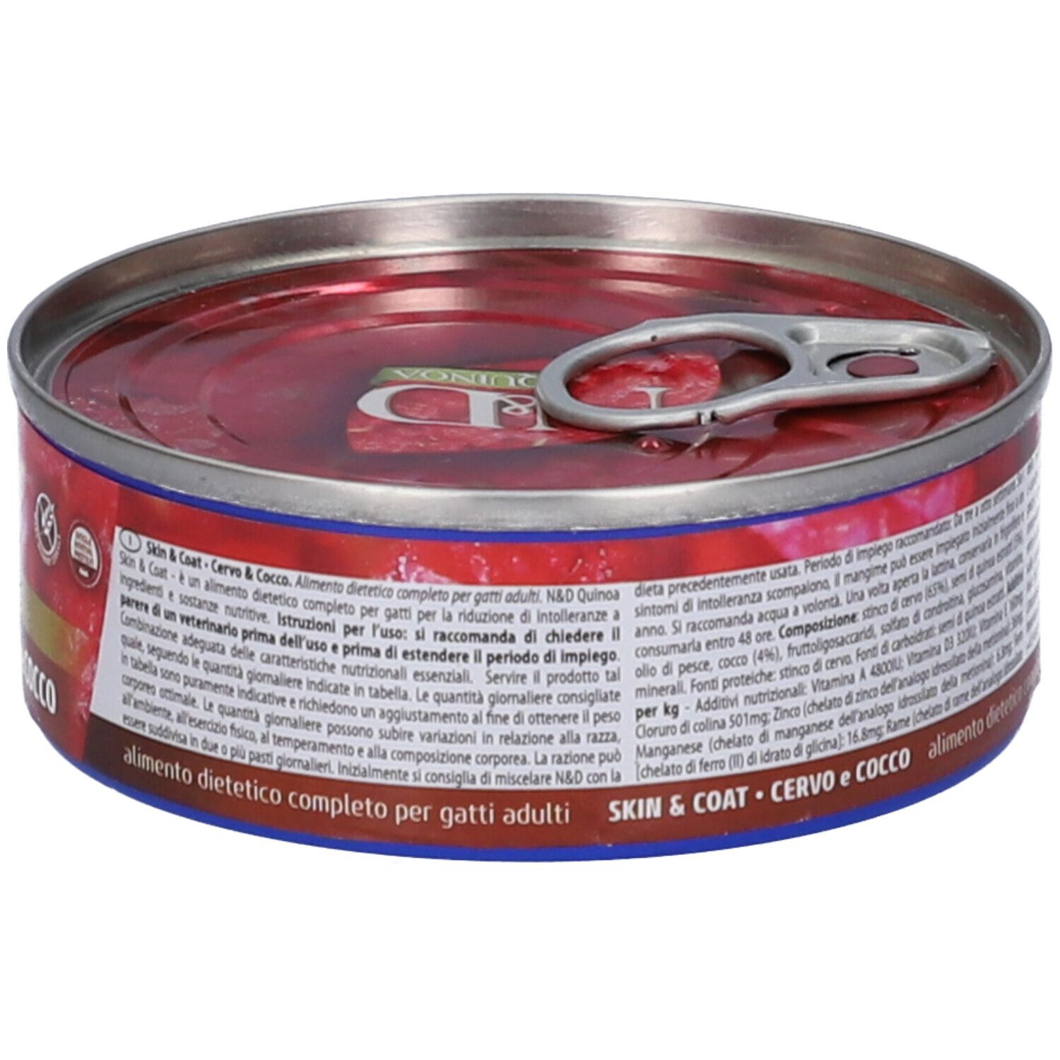Runde Dose Nassfutter. Aufschrift: N&D Quinoa Skin & Coat, Cervo e Cocco. Enthält Inhaltsstoffe und Nährwertangaben. Gewicht: 80g.