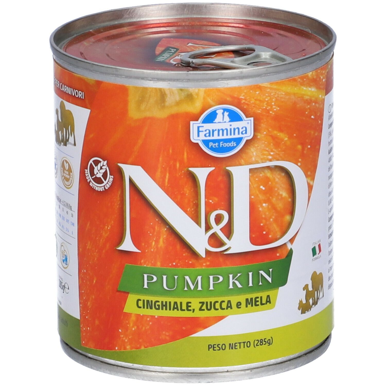 Hundefutterdose mit Farmina-Logo und N&D Pumpkin-Aufdruck. Enthält Wildschwein, Kürbis und Apfel. Dose mit 285g Inhalt.