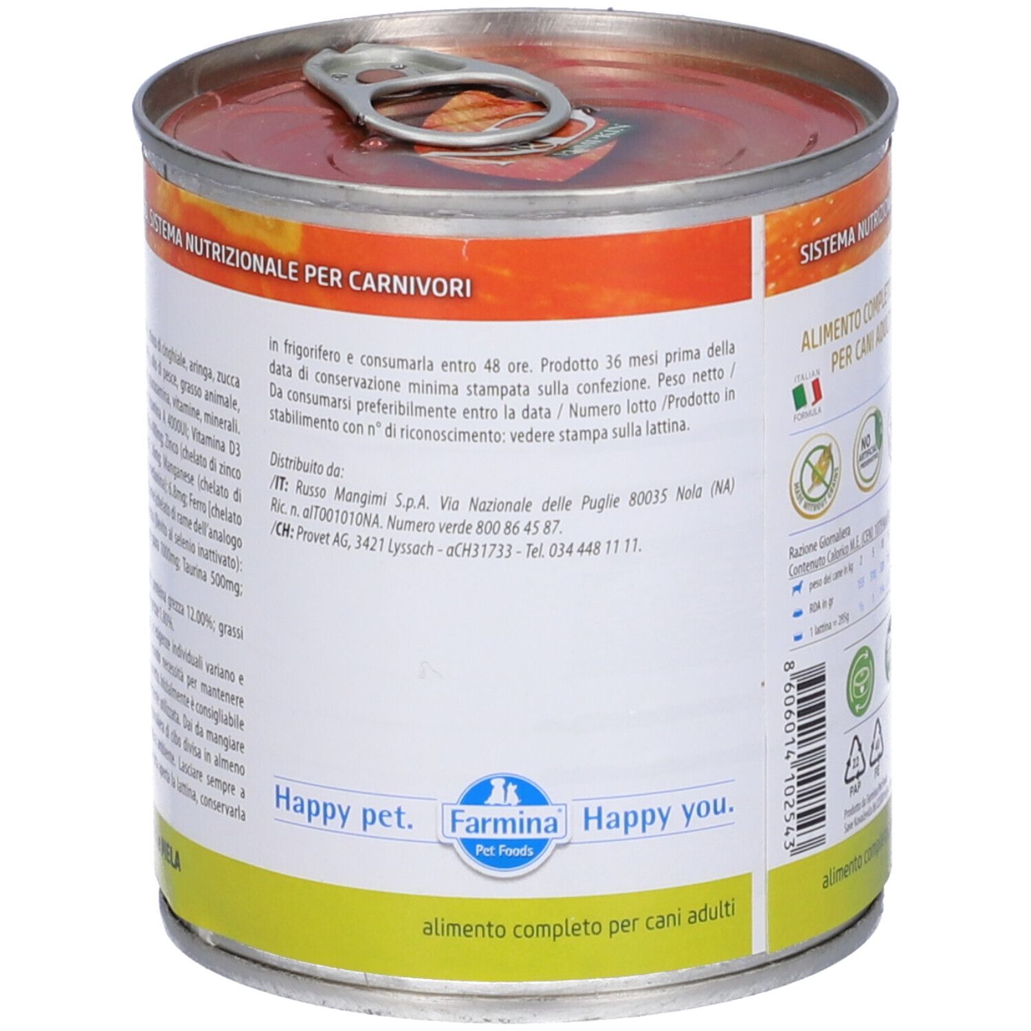 Rückseite der Hundefutterdose. Enthält Informationen zur Haltbarkeit und Hersteller. Mit Farmina-Logo.