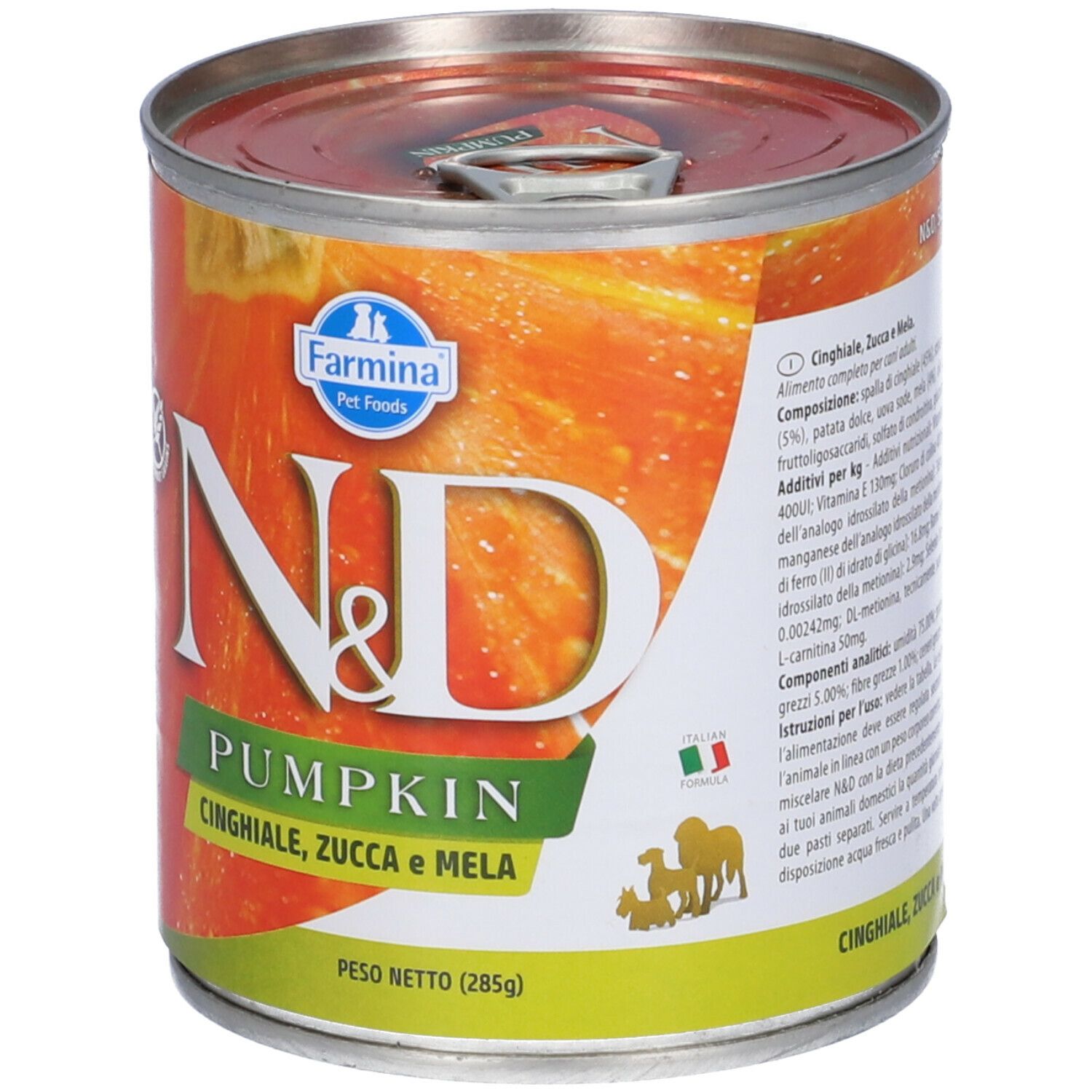 Hundefutterdose mit Farmina-Logo und N&D Pumpkin-Aufdruck. Enthält Wildschwein, Kürbis und Apfel. Dose mit 285g Inhalt.