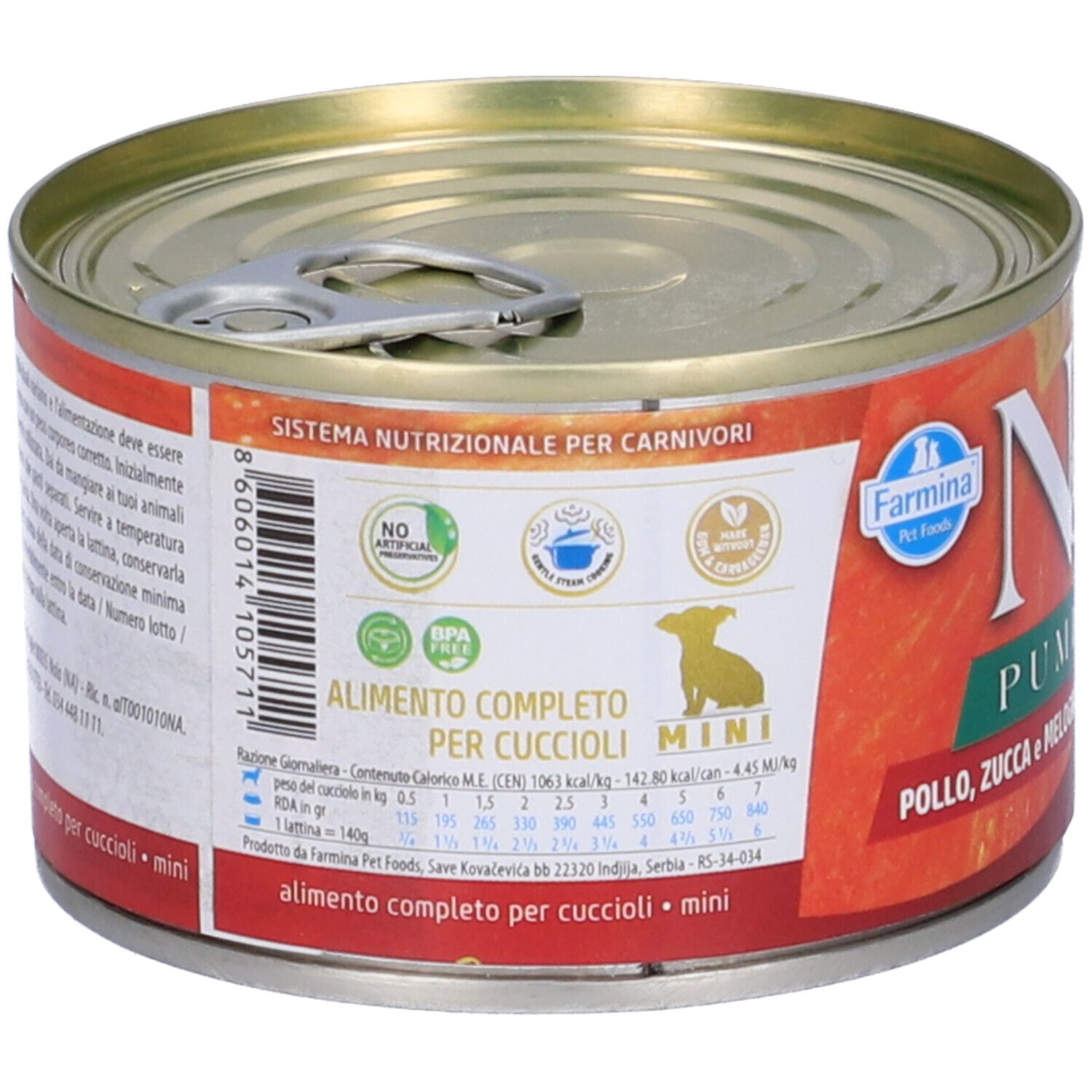 Hundefutterdose mit Etikett. Aufschrift: Alimento completo per cuccioli mini. Rückseite mit Inhaltsangaben.