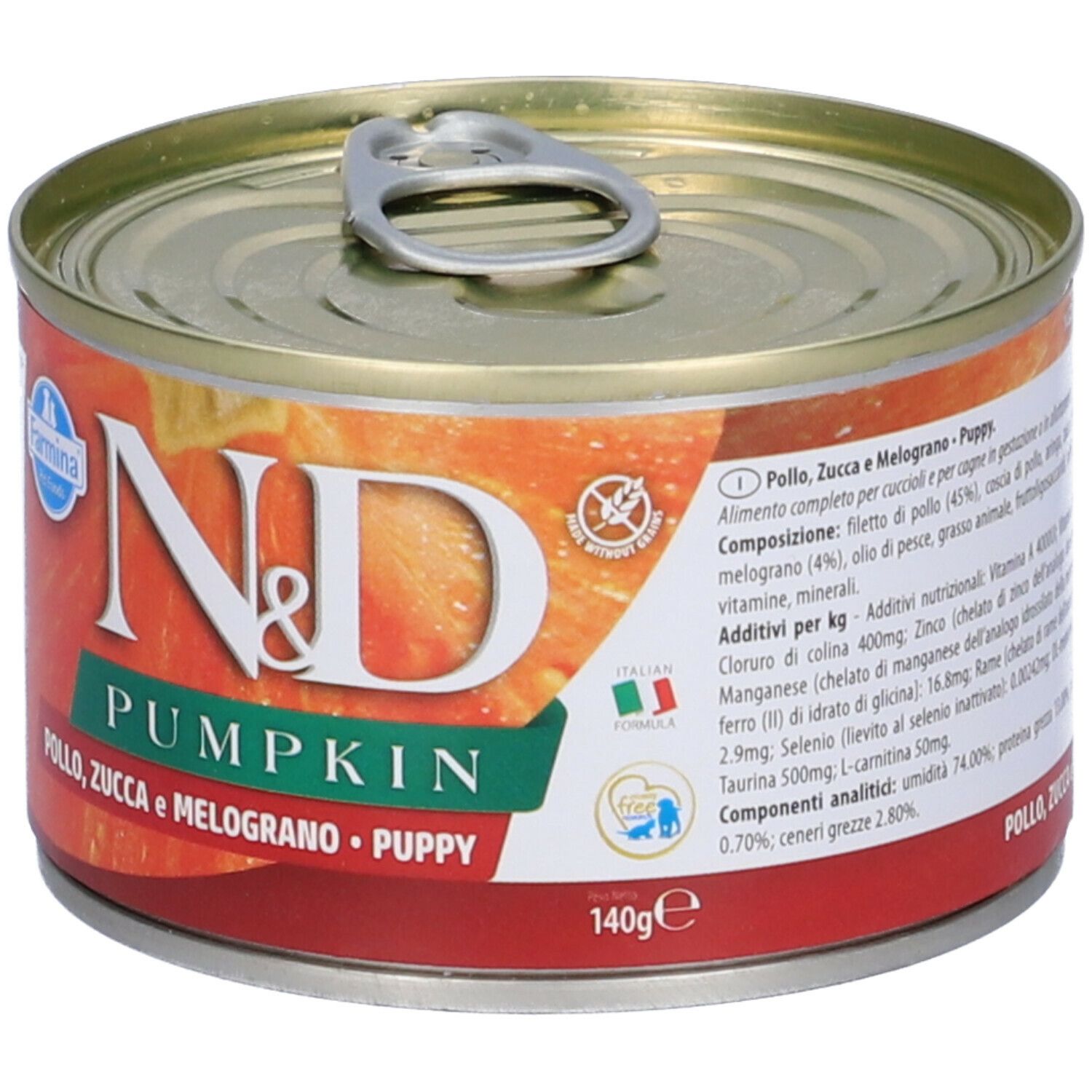 Hundefutterdose mit Etikett. Aufschrift: N&D Pumpkin, Pollo, Zucca e Melograno, Puppy. 140g. Inhaltsangaben.