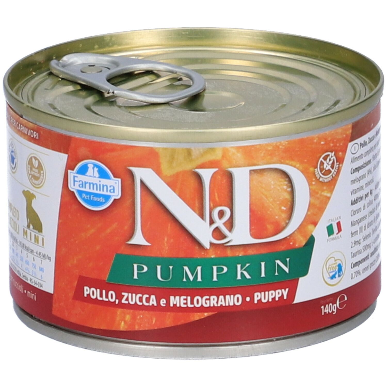 Hundefutterdose mit Etikett. Aufschrift: Pollo, Zucca e Melograno, Puppy. Inhaltsangaben.