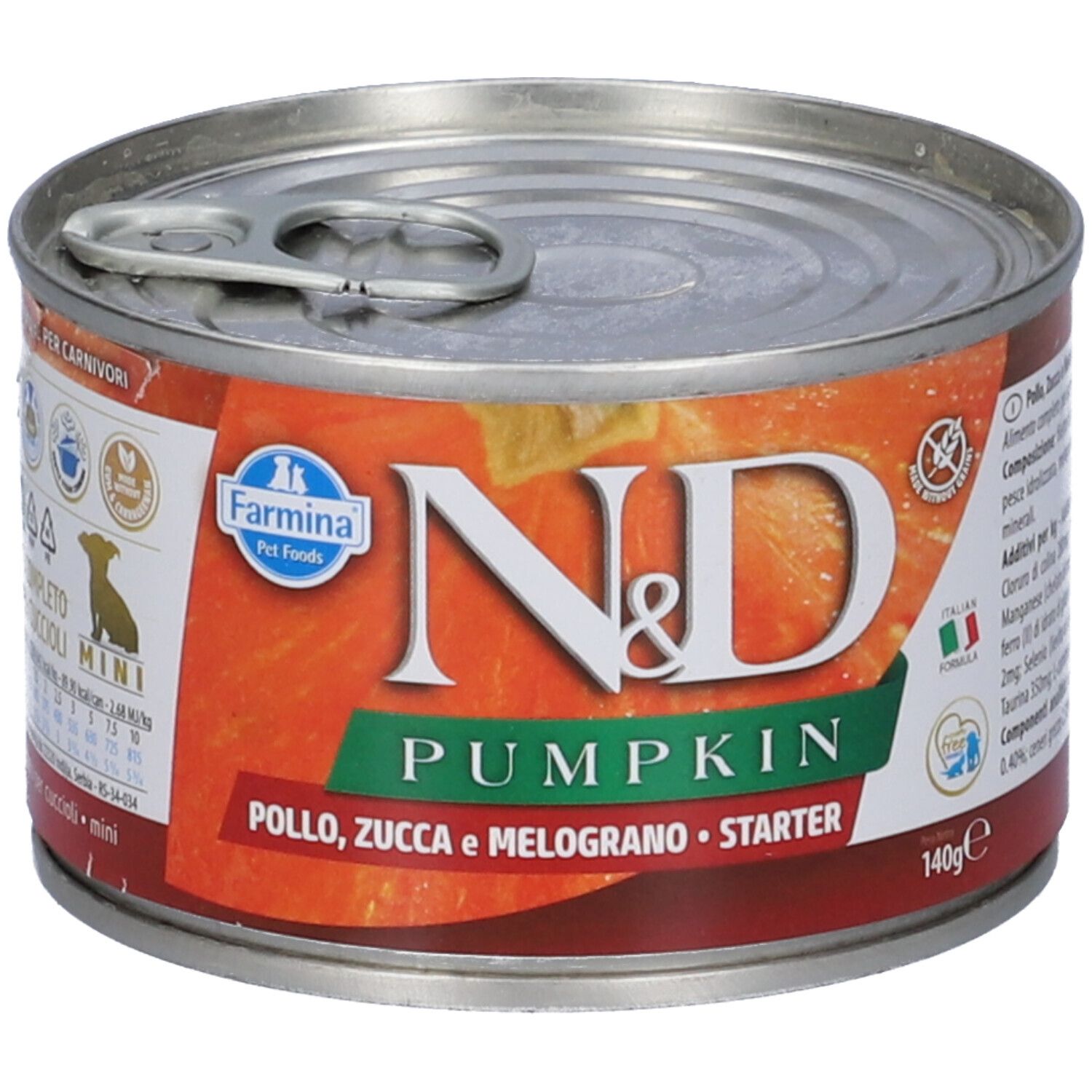 Konservendose mit Etikett. Aufschrift: N&D Pumpkin, Farmina, Pollo, Zucca e Melograno, Starter. 140g.