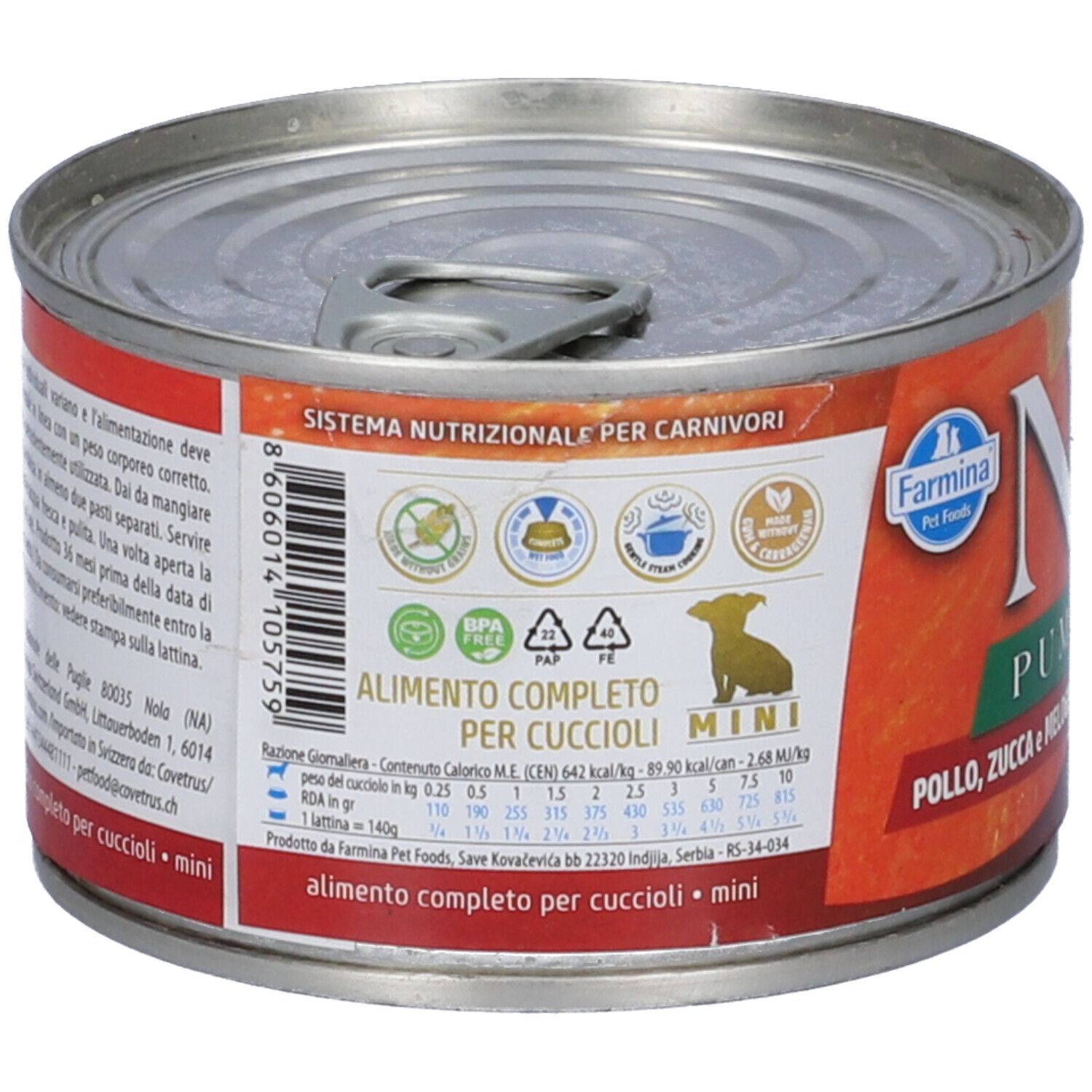 Rückseite einer Konservendose. Text: Alimento completo per cuccioli mini. Farmina Pet Foods. Inhaltsangaben und Nährwerttabelle.
