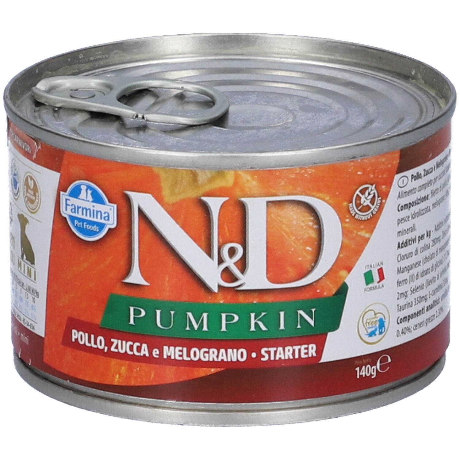 Konservendose mit Etikett. Aufschrift: N&D Pumpkin, Farmina, Pollo, Zucca e Melograno, Starter. 140g. Italian Formula.