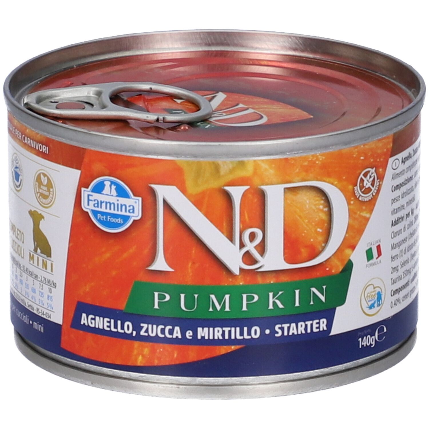 Hundefutterdose mit Etikett. Aufschrift: N&D Pumpkin, Agnelo, Zucca e Mirtillo. Mini Starter. 140g.