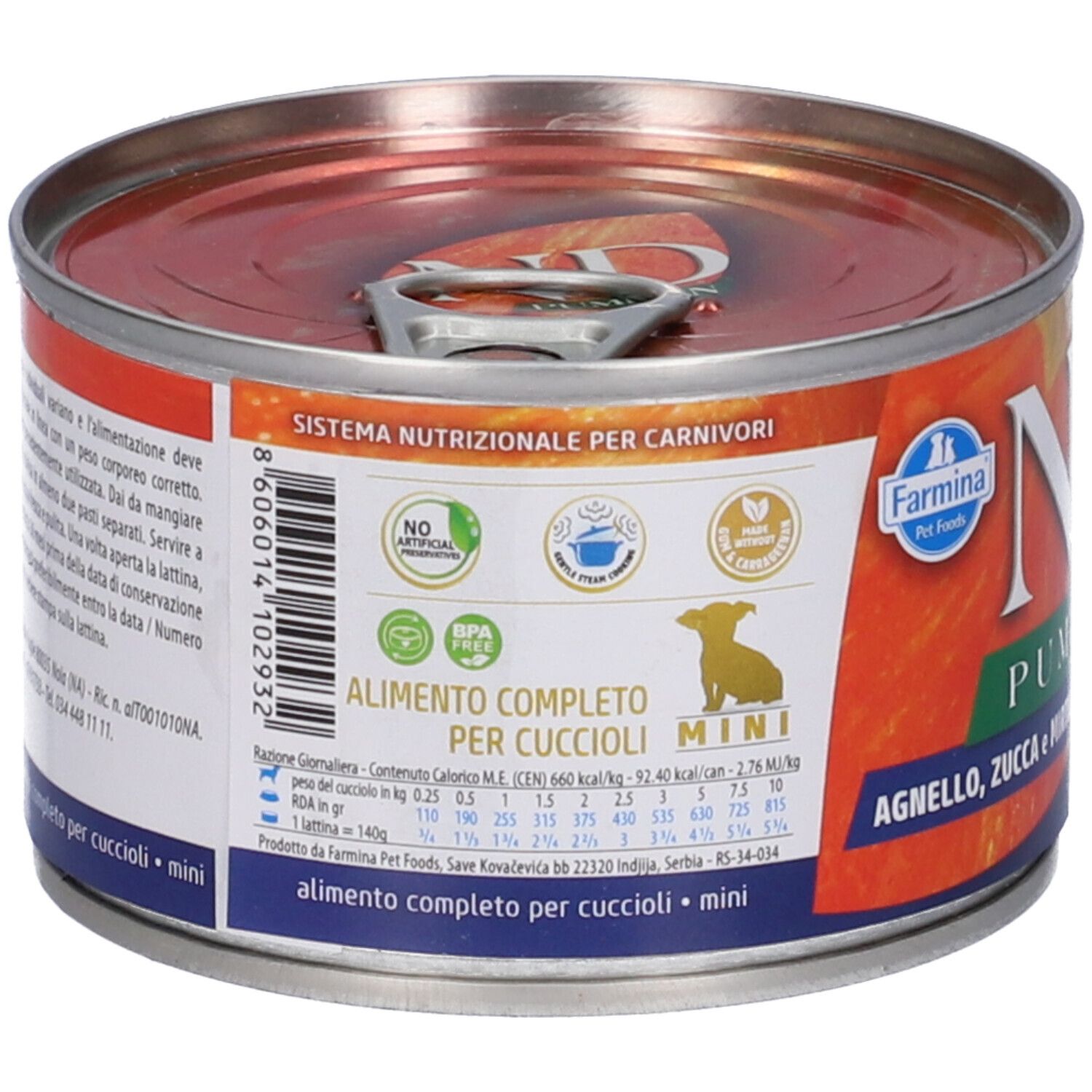 Hundefutterdose mit Etikett. Aufschrift: Alimento completo per cuccioli mini. Nährwertangaben. 140g.