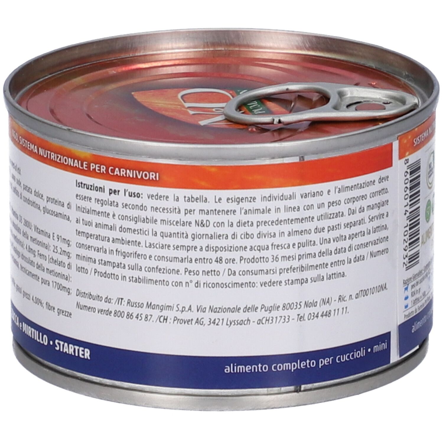 Hundefutterdose mit Etikett. Aufschrift: Anweisungen für die Verwendung. Nährwertangaben. 140g.