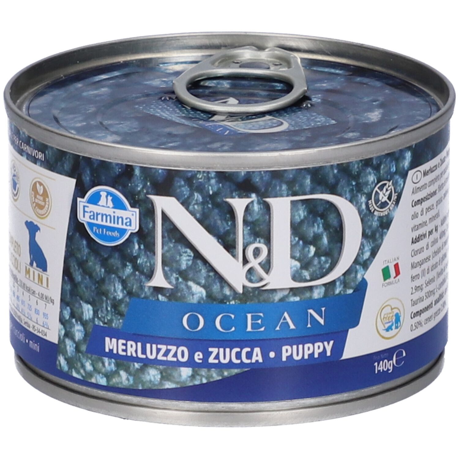 Runde Dose Nassfutter für Welpen. Aufschrift: N&D Ocean, Merluzzo e Zucca, Puppy. 140g.