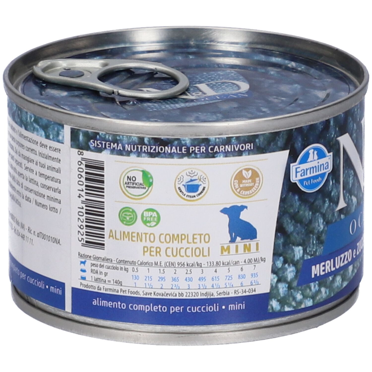 Dose Nassfutter für Welpen. Aufschrift: N&D Ocean, Mini, Alimento completo per cuccioli. Mit Siegeln.
