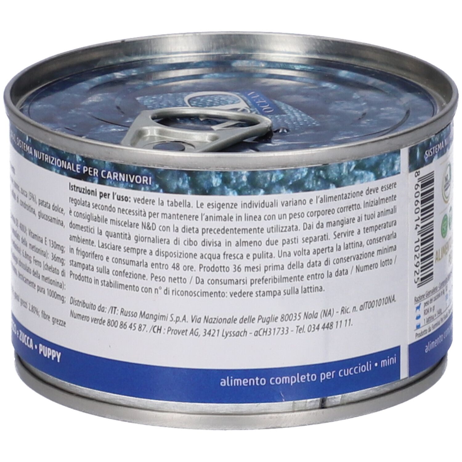 Dose Nassfutter für Welpen. Aufschrift: N&D Ocean, Mini, Alimento completo per cuccioli. Rückseite mit Text.