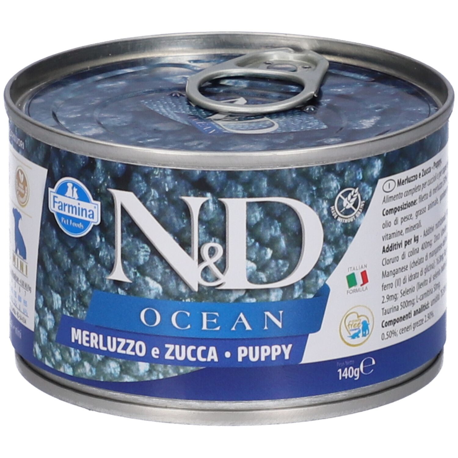 Dose Nassfutter für Welpen. Aufschrift: N&D Ocean, Merluzzo e Zucca, Puppy. 140g. Mit Inhaltsangaben.