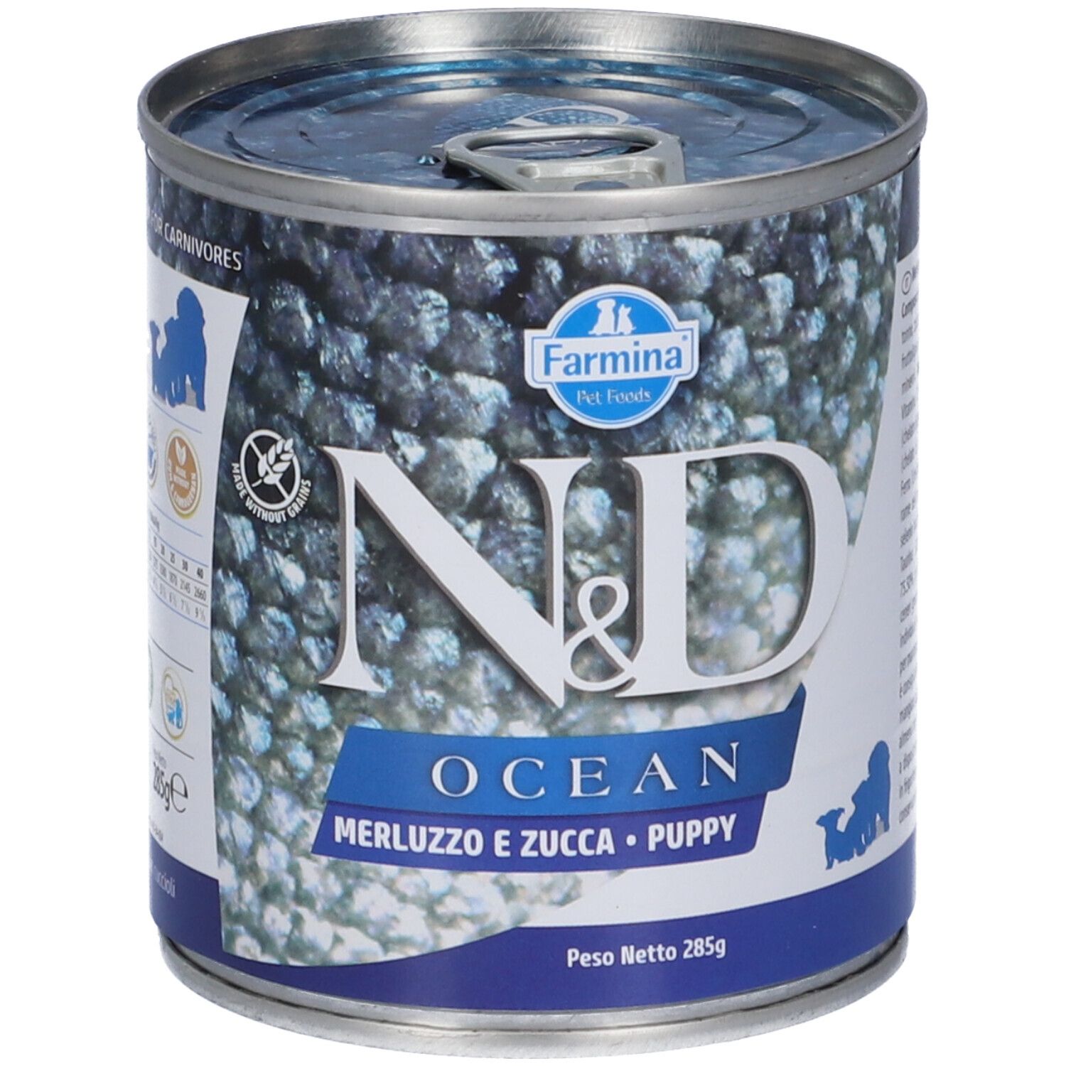 Dose mit blau-weißem Etikett. Aufschrift: N&D Ocean, Merluzzo e Zucca, Puppy. Farmina Logo. 285g.