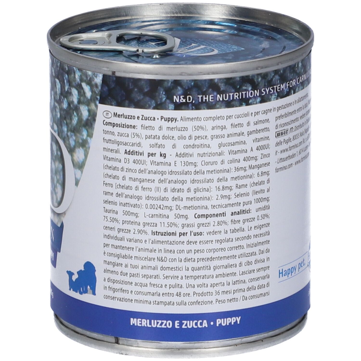 Rückseite der Dose. Zutatenliste, Nährwertangaben, Text: Merluzzo e Zucca - Puppy. Happy pet. Happy you.