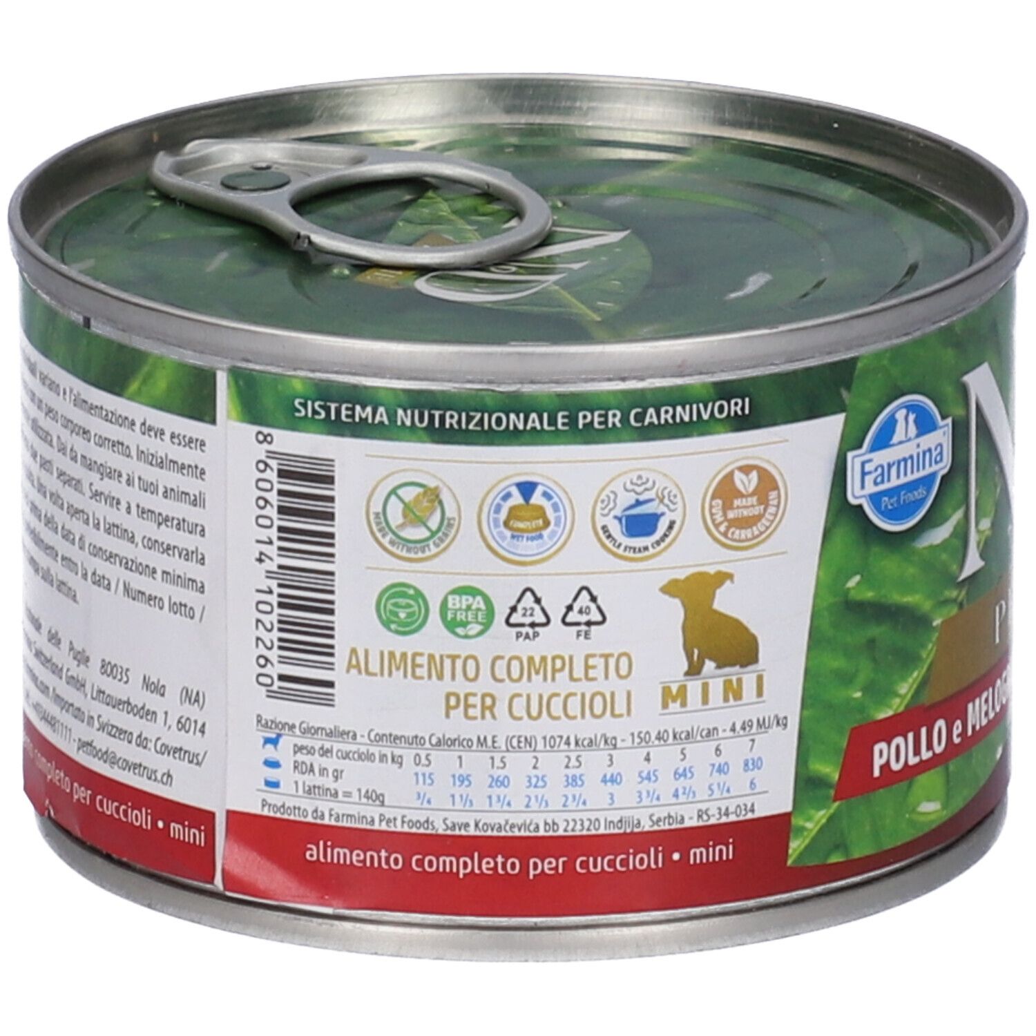 Hundefutterdose. Rückseite mit Nährwertangaben und Text. Text: Alimento completo per cuccioli mini. 140g.
