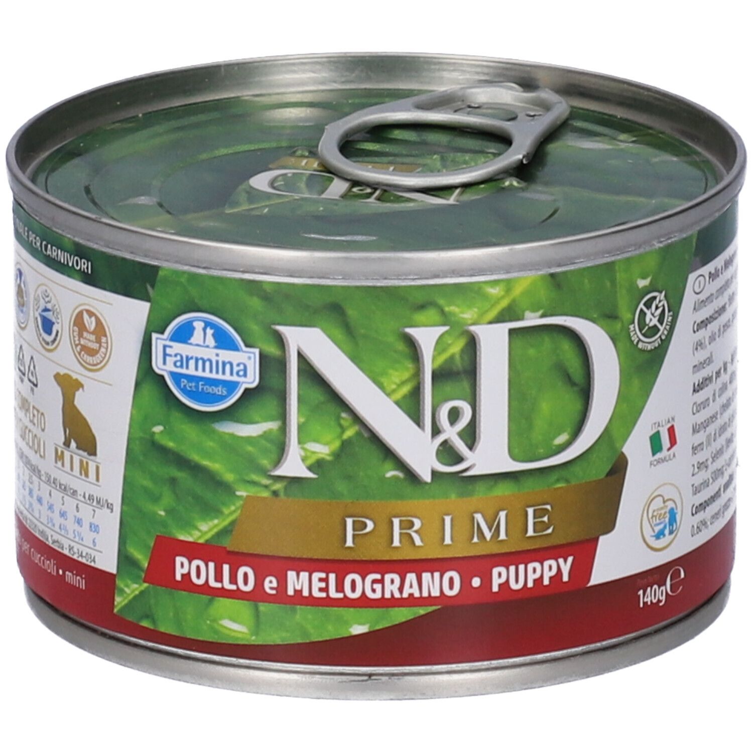 Hundefutterdose. N&D Prime, Huhn & Granatapfel. Dose mit Aufreißlasche. Text: Pollo e Melograno • Puppy. 140g.