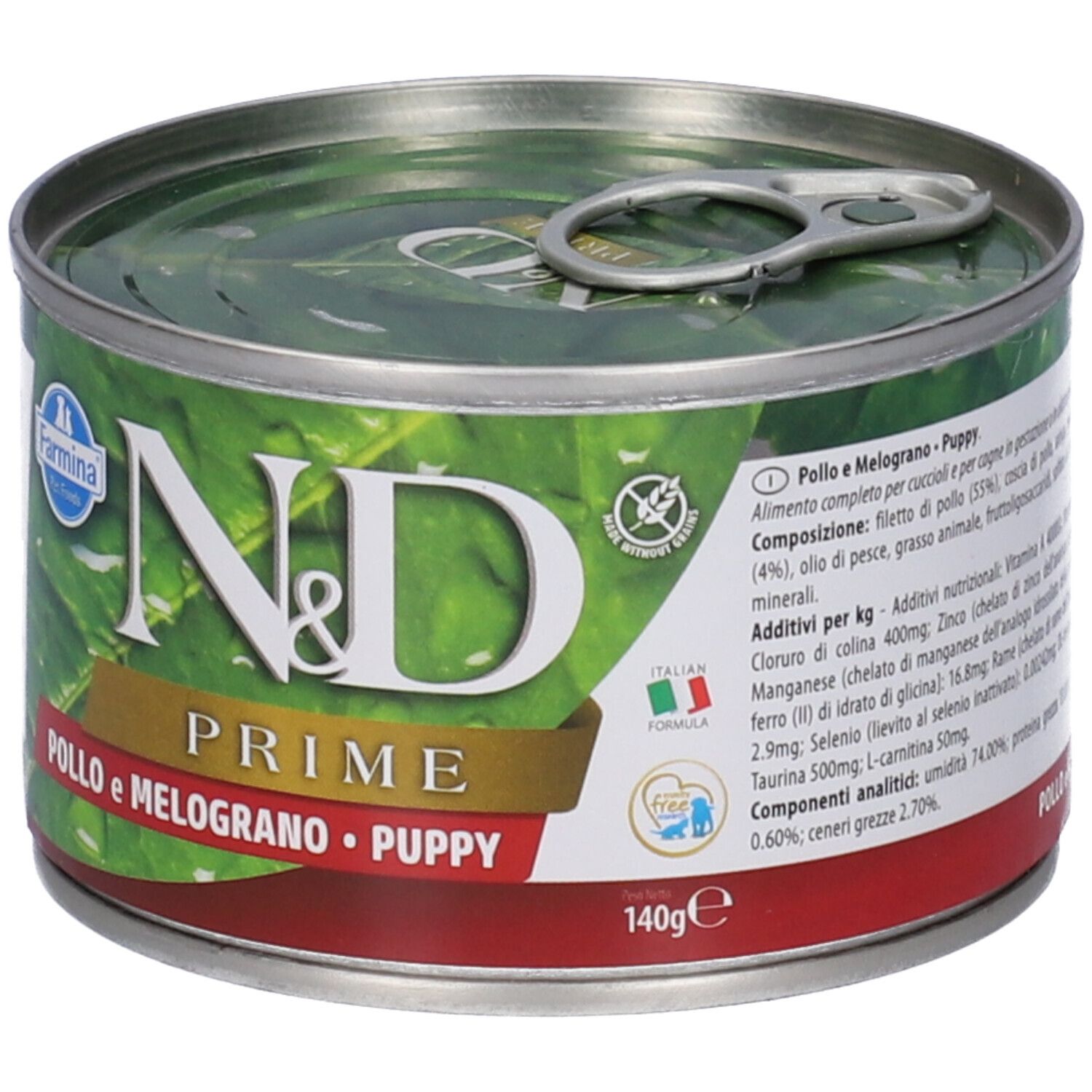 Hundefutterdose. N&D Prime, Huhn & Granatapfel. Dose mit Aufreißlasche. Text: Pollo e Melograno • Puppy. 140g.