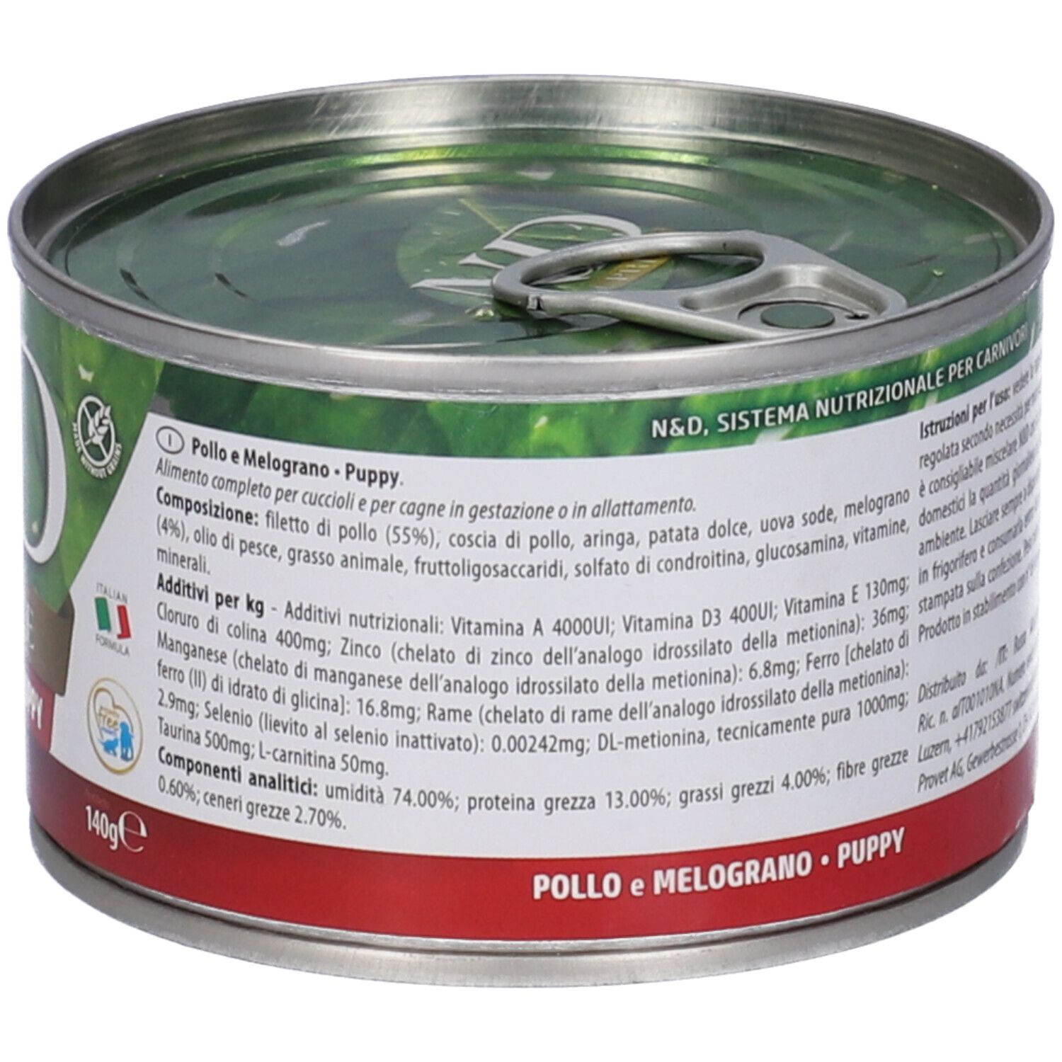 Hundefutterdose. Rückseite mit Inhaltsstoffen und Text. Text: Pollo e Melograno • Puppy. 140g. N&D, Sistema nutrizionale per carnivori.
