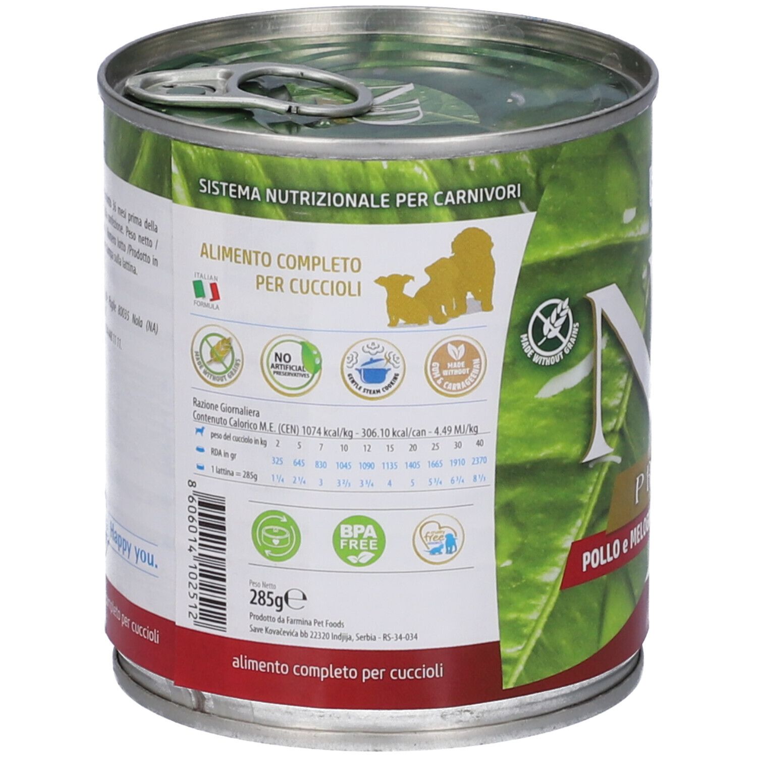 Hundefutterdose, Rückseite mit Informationen. Enthält Angaben zu Inhaltsstoffen, Nährwerten und Zertifizierungen. Logo Farmina Pet Foods.