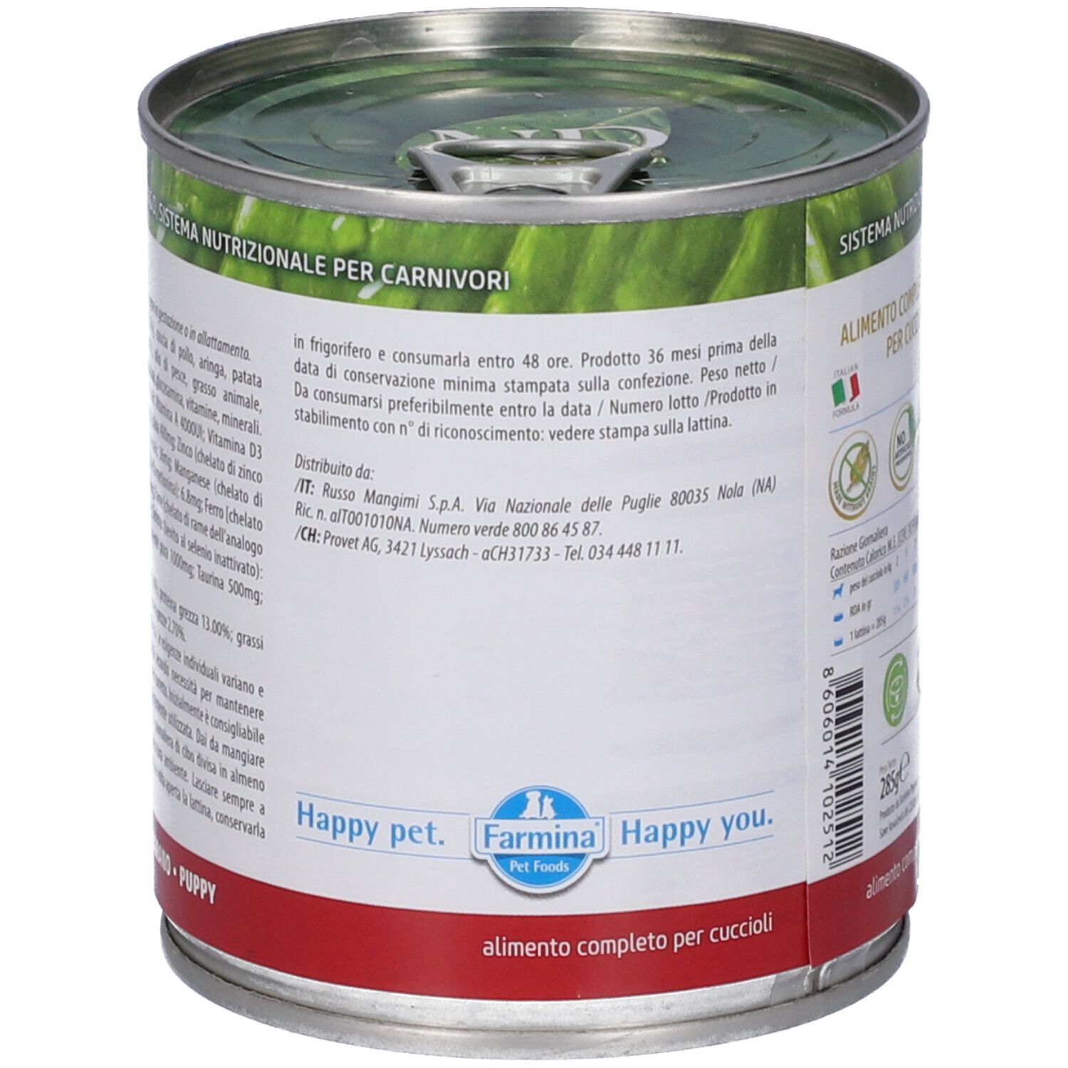 Hundefutterdose, Rückseite mit Text. Enthält Informationen zur Haltbarkeit, Hersteller und Vertrieb. Logo Happy pet, Farmina.