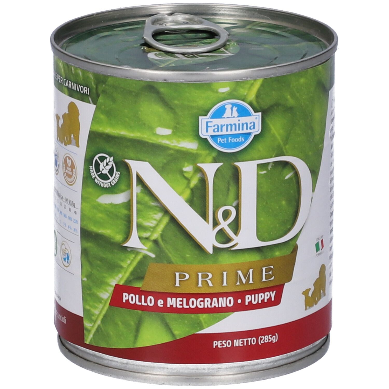 Hundefutterdose mit Etikett. Aufschrift N&D Prime, Huhn & Granatapfel. Logo Farmina Pet Foods. Dose mit Ring zum Öffnen.